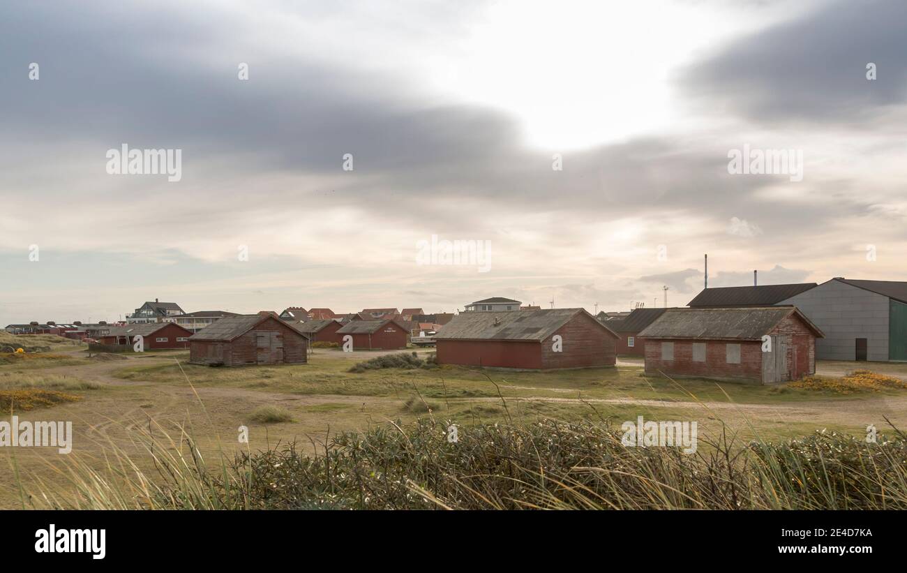 Thyboron, Denmark - 23 October 2020: Thyboron city seen from the sea side, in the foreground are historic buildings that are still in use, there is be Stock Photo