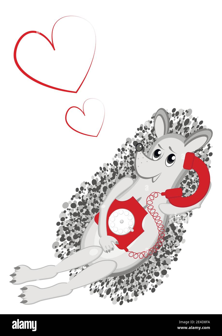 The hedgehog in love speaks on a rare red phone. Dreams, desires, social distance, isolation, love at a distance. I miss you. Far from each other. Stock Vector