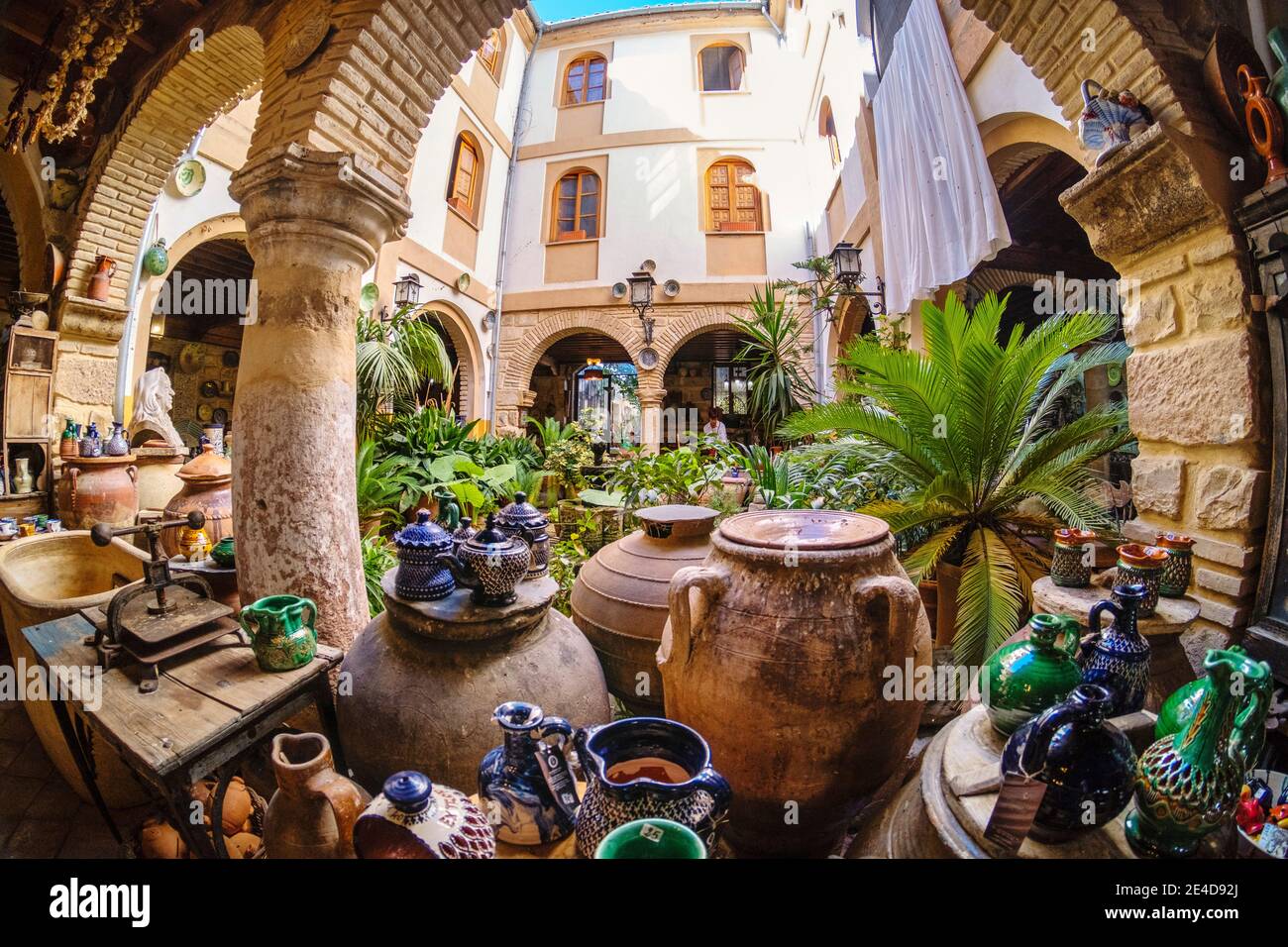 Tito pottery. Exhibition of ceramics and pottery in the inner courtyard store, Ubeda, UNESCO World Heritage Site. Jaen province, Andalusia, Southern S Stock Photo