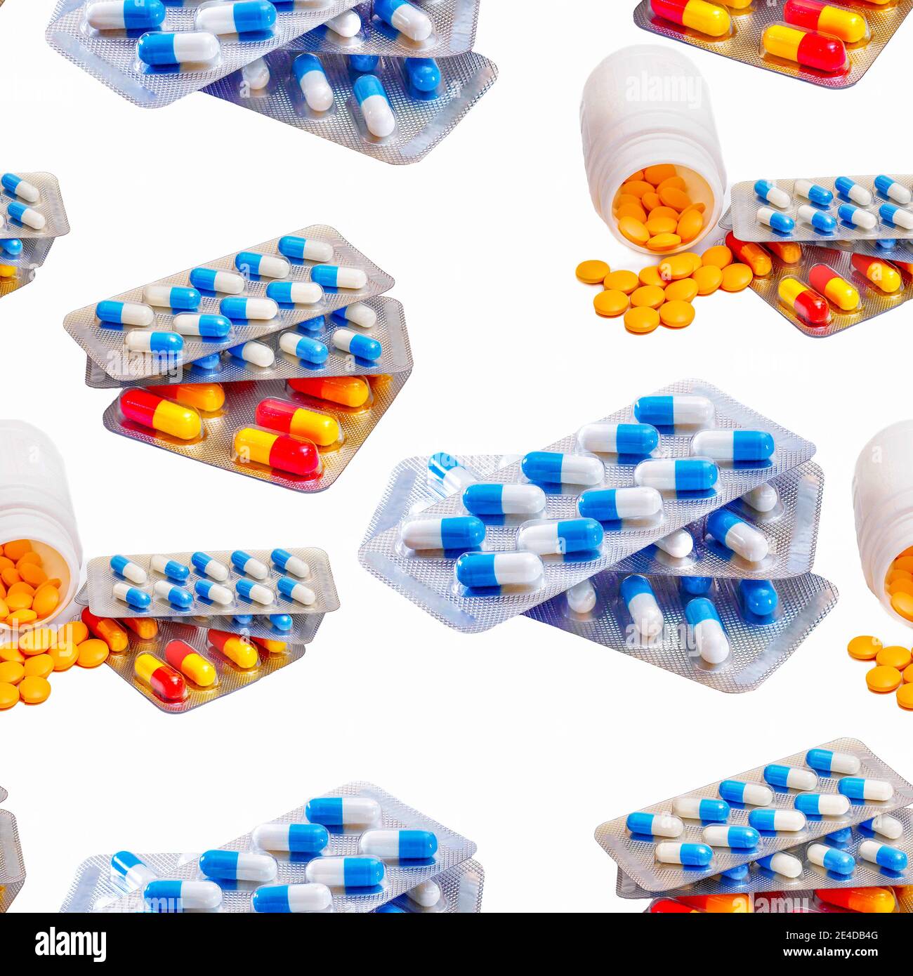 seamless pattern with pills spilled from bottle and various capsules in
