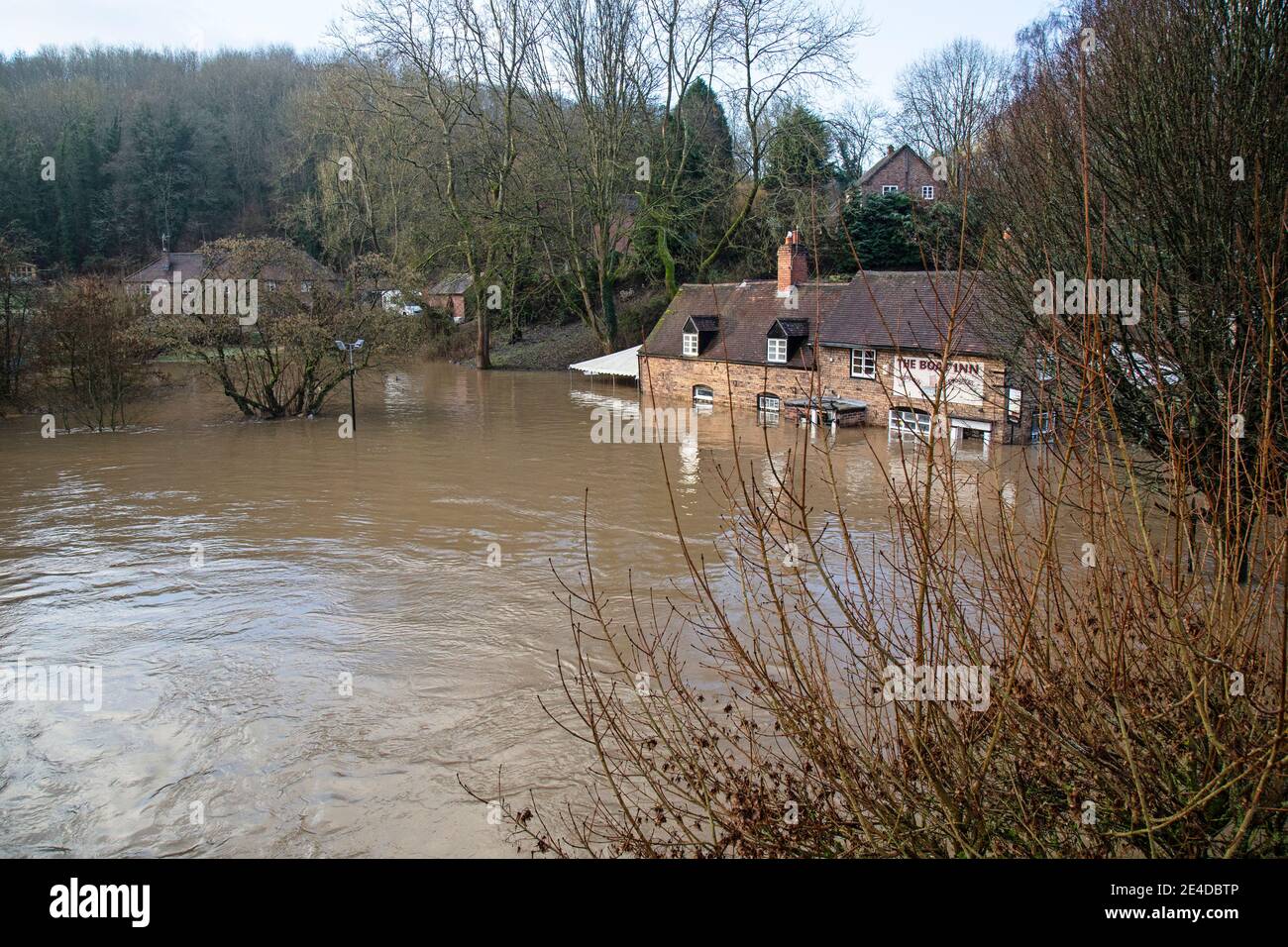 Shropshire, UK. 23rd Jan, 2021. Levels of the River Severn in Shropshire continued to rise overnight, causing sever floods in certain areas. The village of Jackfield in the Ironbridge Gorge World Heritage Site has been particularly badly hit, with homes and businesses badly flooded. Levels are very close to the records floods of February 2020. Credit: Rob Carter/Alamy Live News Stock Photo