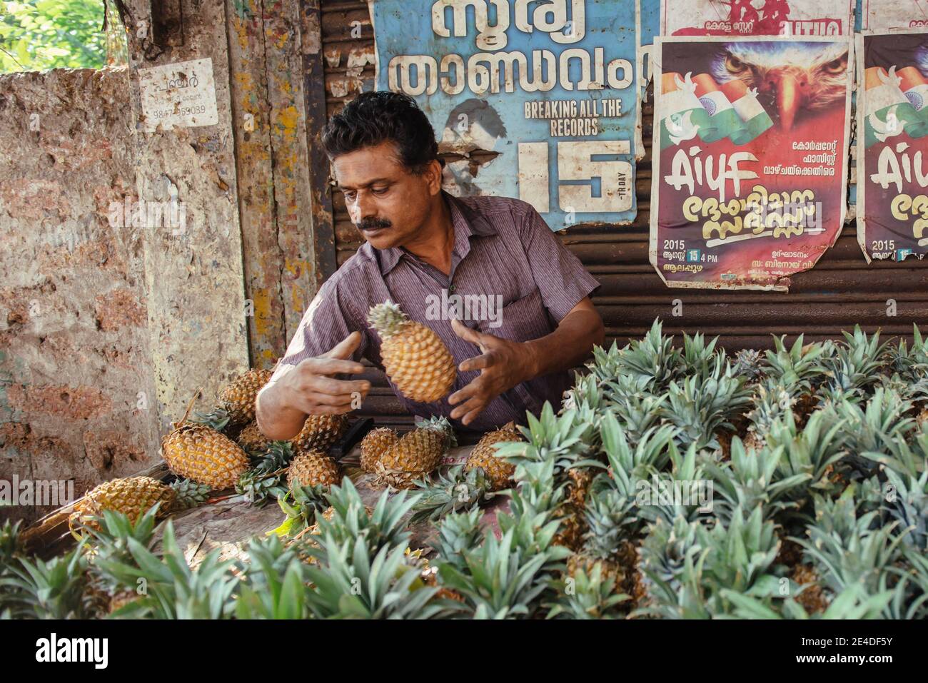 Thiruvananthapuram, India - January 30, 2016: Pineapple fruit seller man on Indian street market Stock Photo