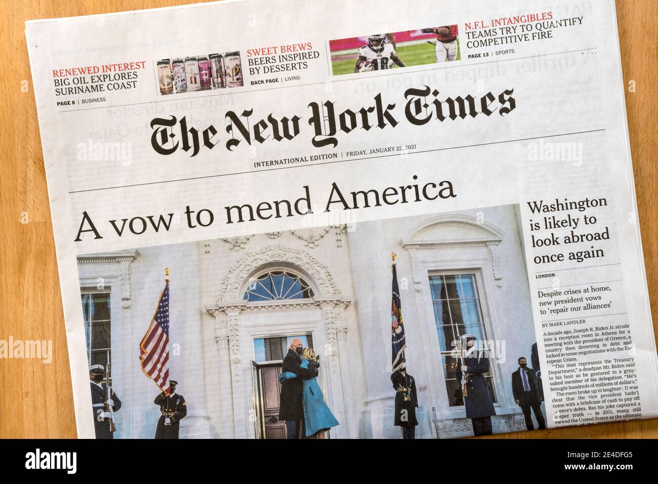 Front page of The New York Times international edition following the election / inauguration of Joe Biden as 46th President of the United States. Stock Photo