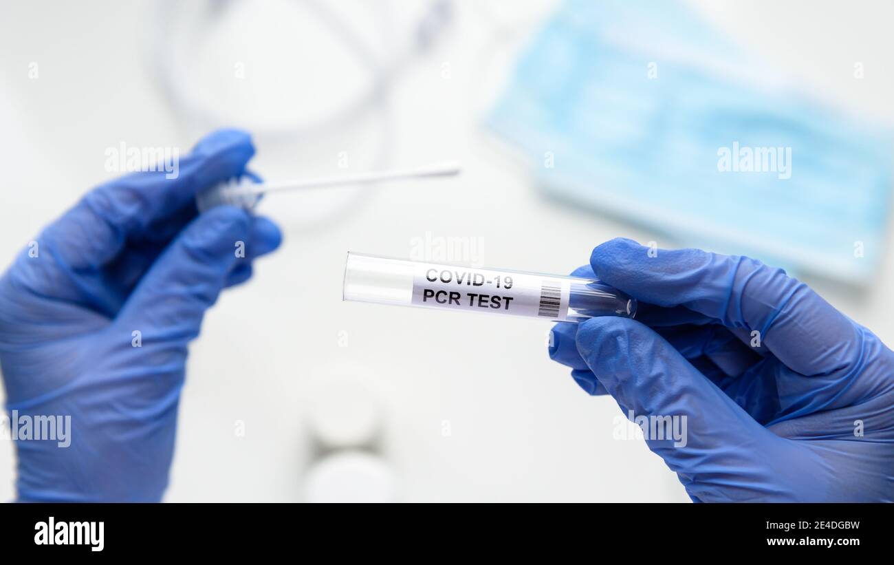 Test to coronavirus in doctor hands, nurse holds tube of COVID-19 swab collection kit in laboratory. Concept of corona virus diagnostics, nasal and or Stock Photo