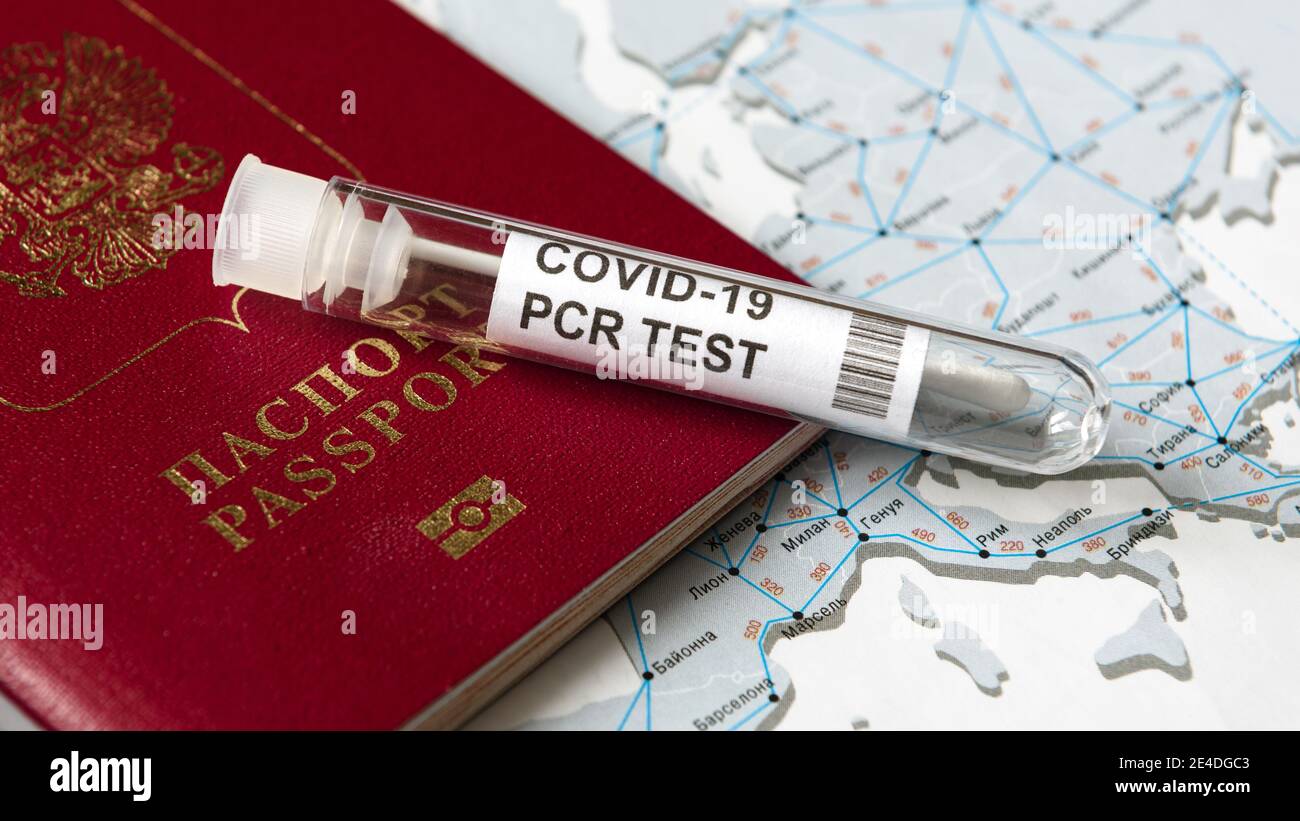 COVID19, travel and test concept, tube for coronavirus PCR testing and