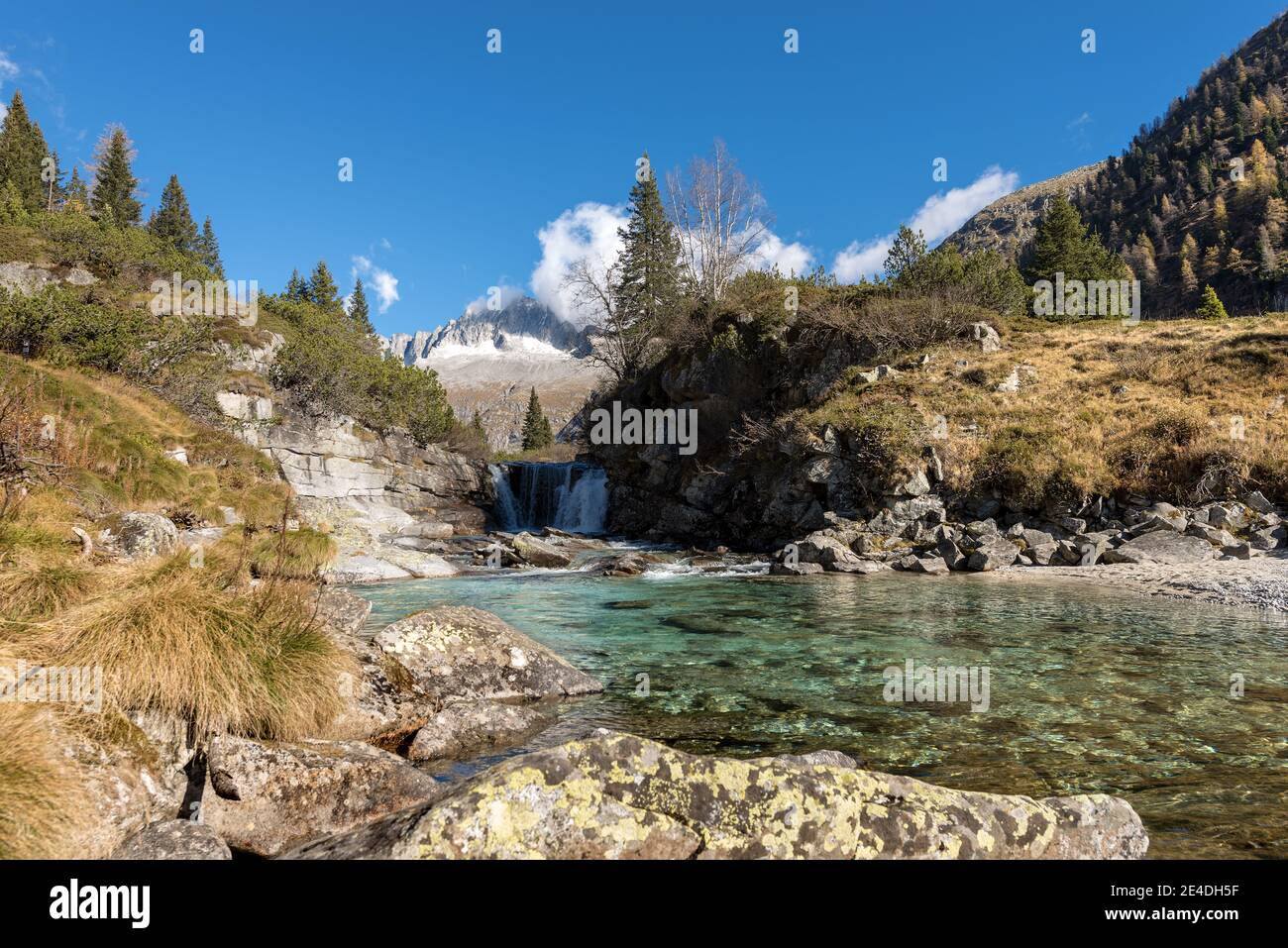 Peak of Care Alto (3462 m) and Chiese river in the National Park of Adamello Brenta seen from the Val di Fumo. Trentino Alto Adige, Italy, Europe Stock Photo