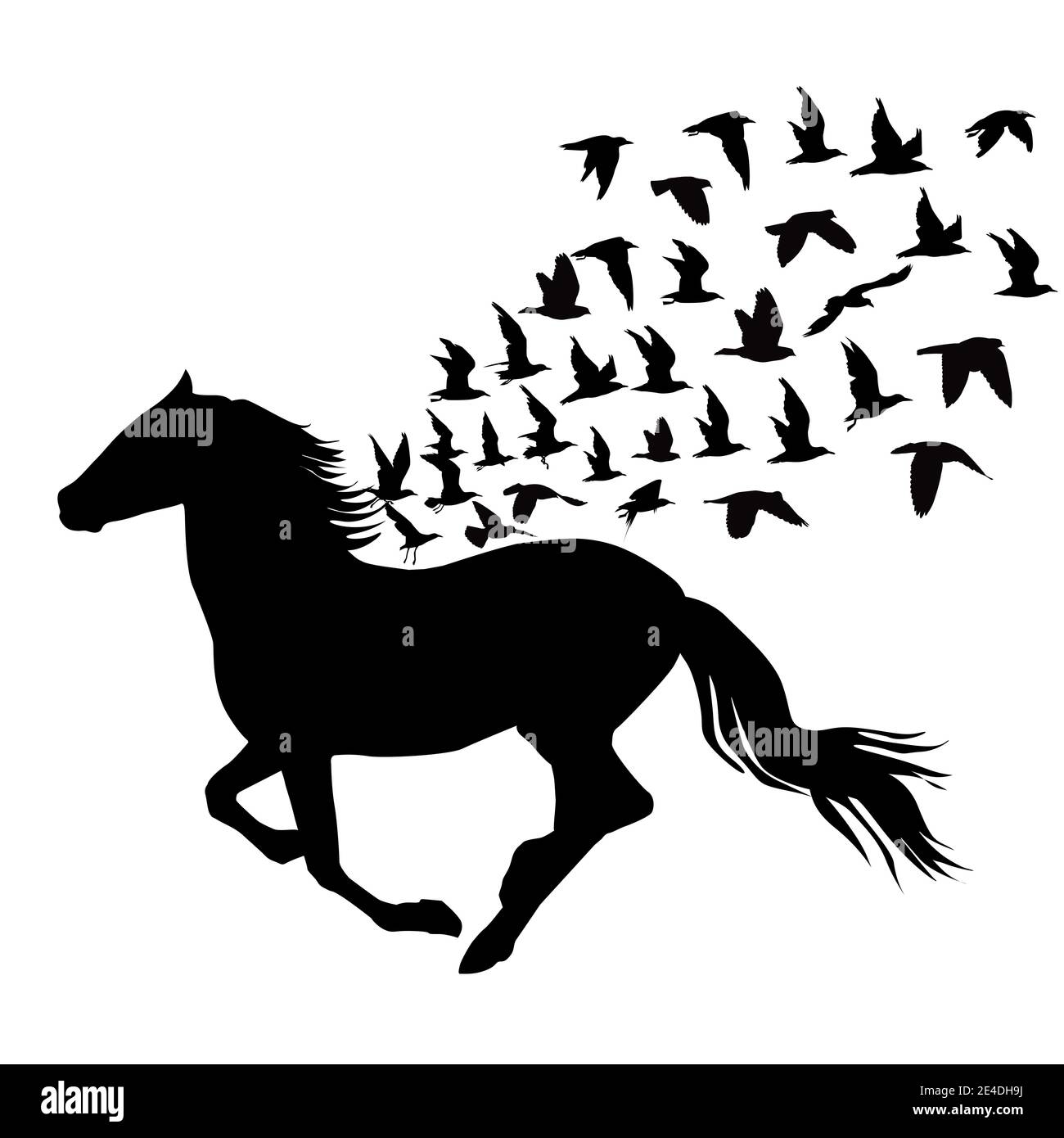 Abstract silhouettes of horse and birds flying Stock Photo