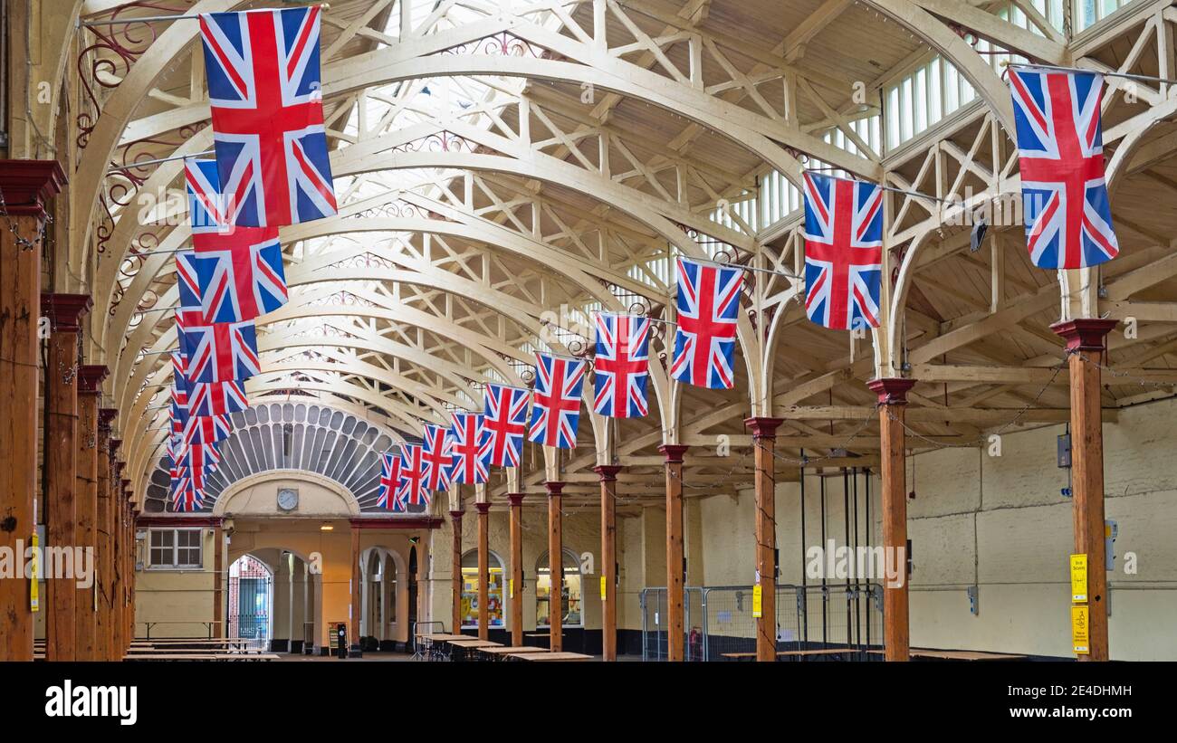 The Victorian pannier market adorned by rows of the national flag of the United Kingdom of Great Britain and Northern Ireland Stock Photo
