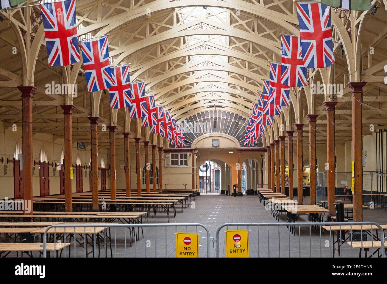 The Victorian pannier market adorned by rows of the national flag of the United Kingdom of Great Britain and Northern Ireland Stock Photo