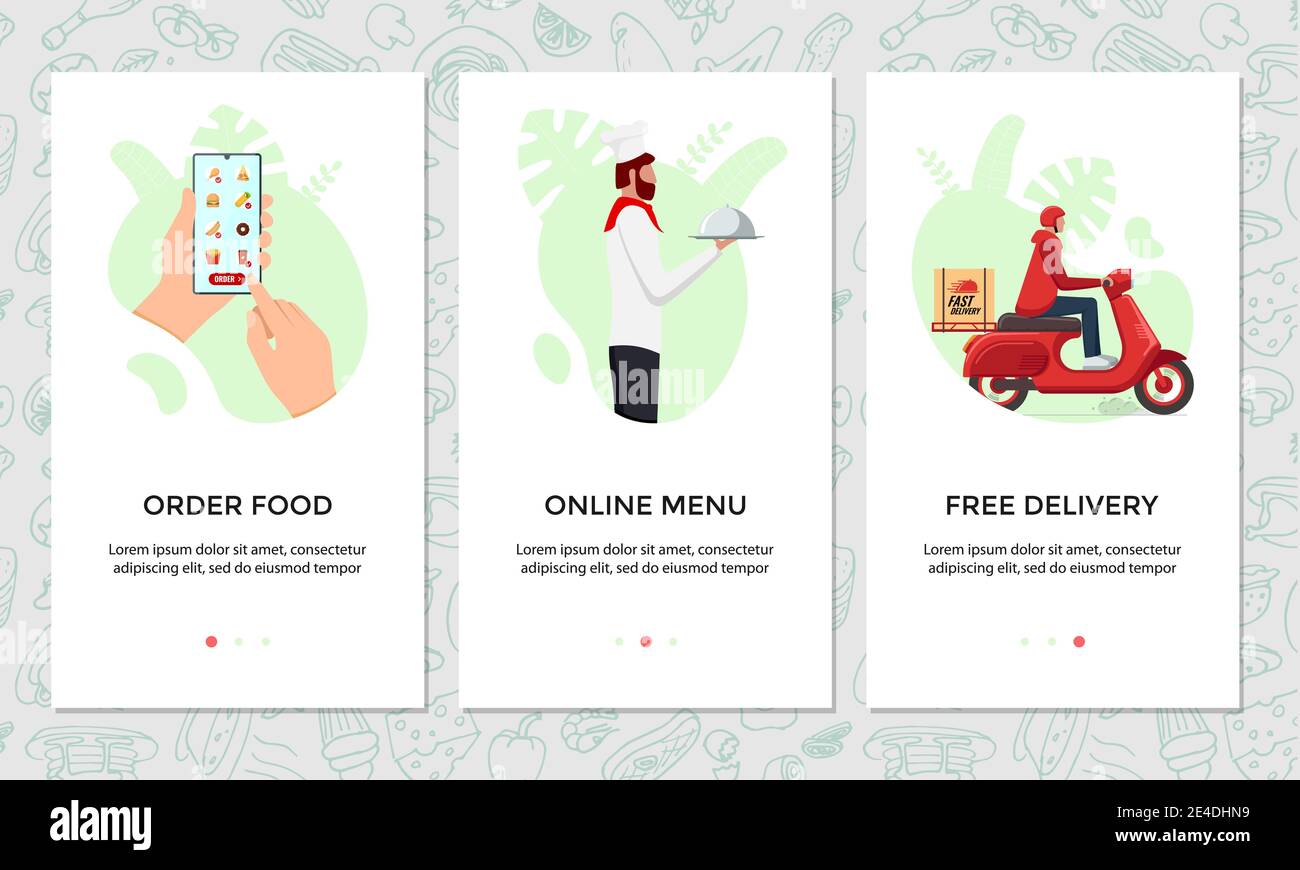 Order food online mobile app banner set. Chooses dish on smartphone screen template. Chef cooked food and express free scooter delivery from restaurant service concept. Product shipping illustration Stock Vector