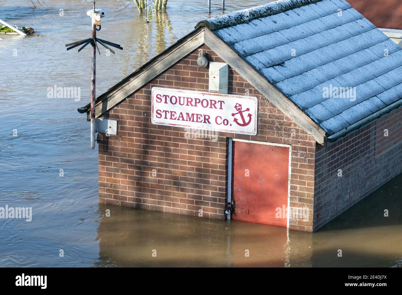 Stourport-on-Severn, Worcestershire, UK. 23rd Jan, 2021. A tourist attraction lies under several feet of flood water at Stourport-on-Severn, Worcestershire, today as the River Severn bursts its banks. The river level is still rising and is expected to peak later today. Credit: Peter Lopeman/Alamy Live News Stock Photo