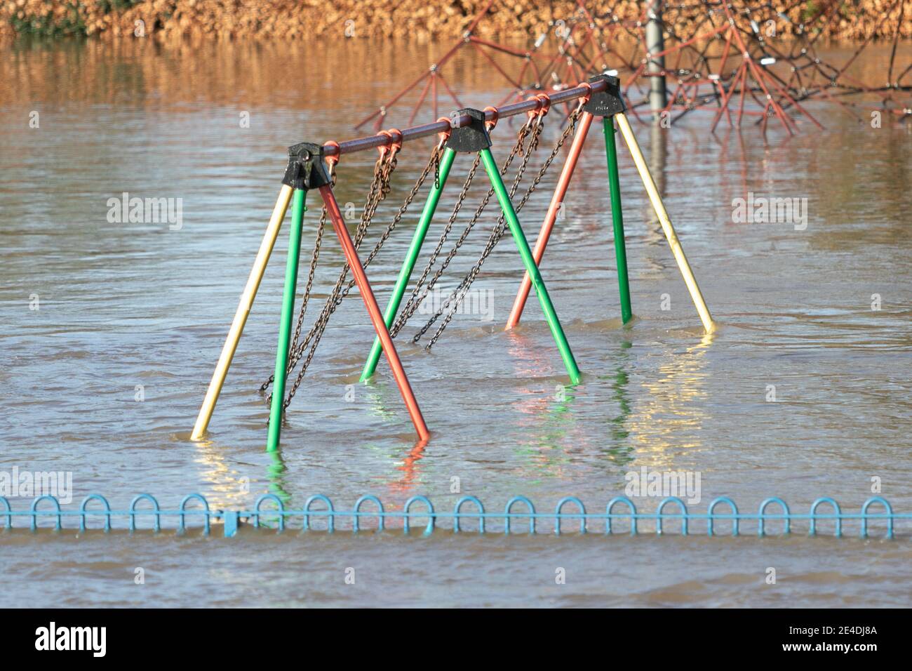 Stourport-on-Severn, Worcestershire, UK. 23rd Jan, 2021. A children's playground lies under several feet of flood water at Stourport-on-Severn, Worcestershire, today as the River Severn bursts its banks. The river level is still rising and is expected to peak later today. Credit: Peter Lopeman/Alamy Live News Stock Photo