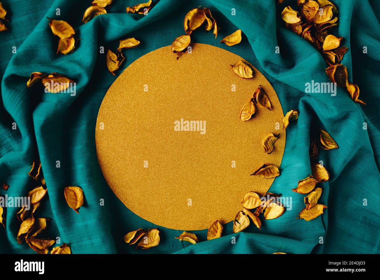 Sunny Gold Shape Rounded With Yellow Dry Leaves On The Dark Cyan Background Autumn End Of Life Circle Concept Stock Photo Alamy