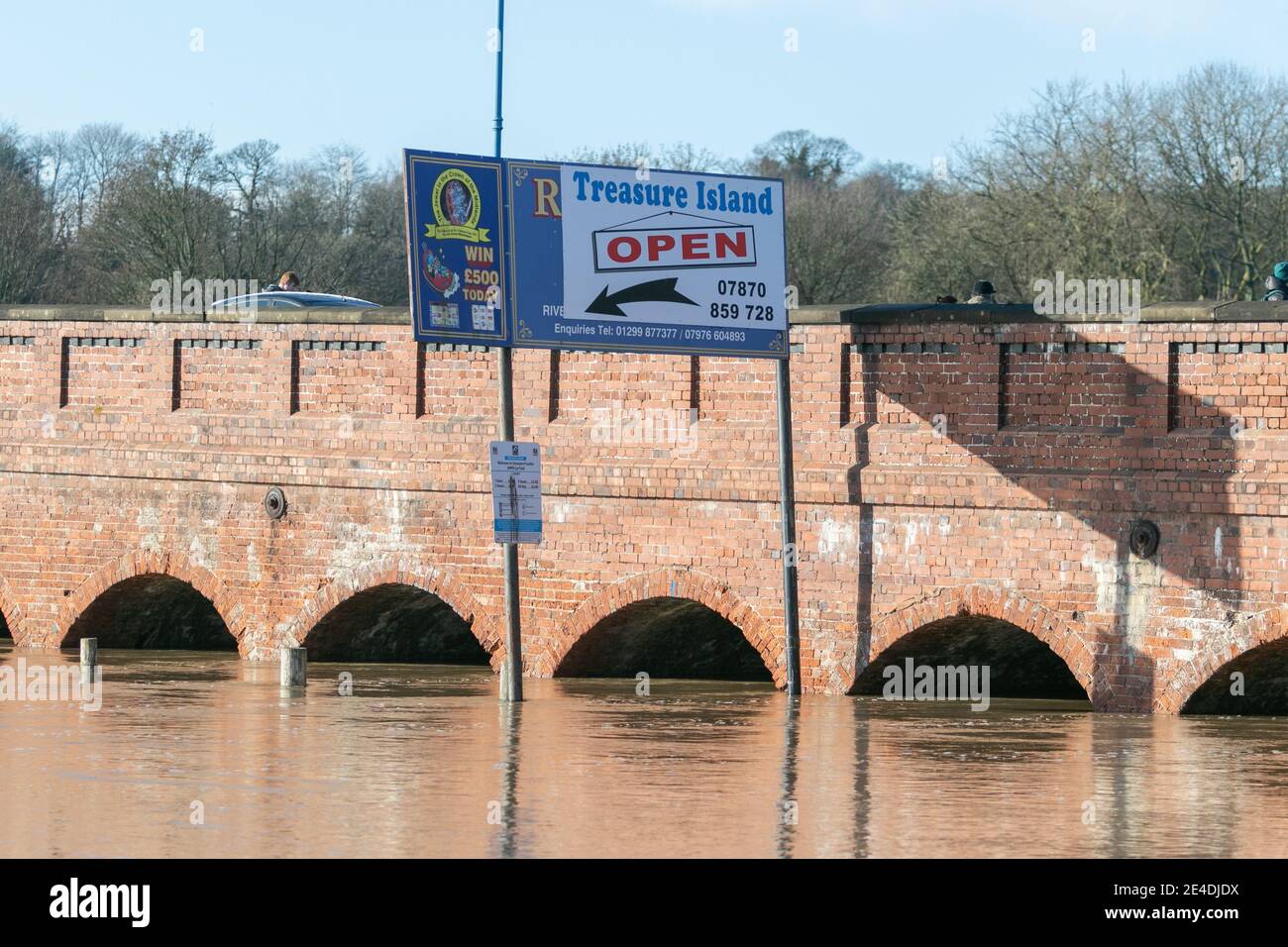 Stourport-on-Severn, Worcestershire, UK. 23rd Jan, 2021. Treasure Island - a funfair - lies under several feet of flood water at Stourport-on-Severn, Worcestershire, today as the River Severn bursts its banks. The river level is still rising and is expected to peak later today. Credit: Peter Lopeman/Alamy Live News Stock Photo