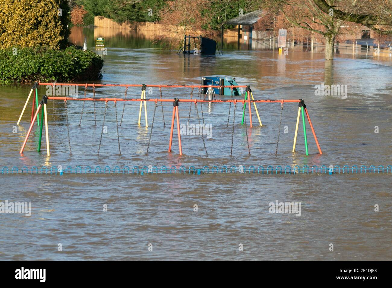 Stourport-on-Severn, Worcestershire, UK. 23rd Jan, 2021. A children's playground lies under several feet of flood water at Stourport-on-Severn, Worcestershire, today as the River Severn bursts its banks. The river level is still rising and is expected to peak later today. Credit: Peter Lopeman/Alamy Live News Stock Photo