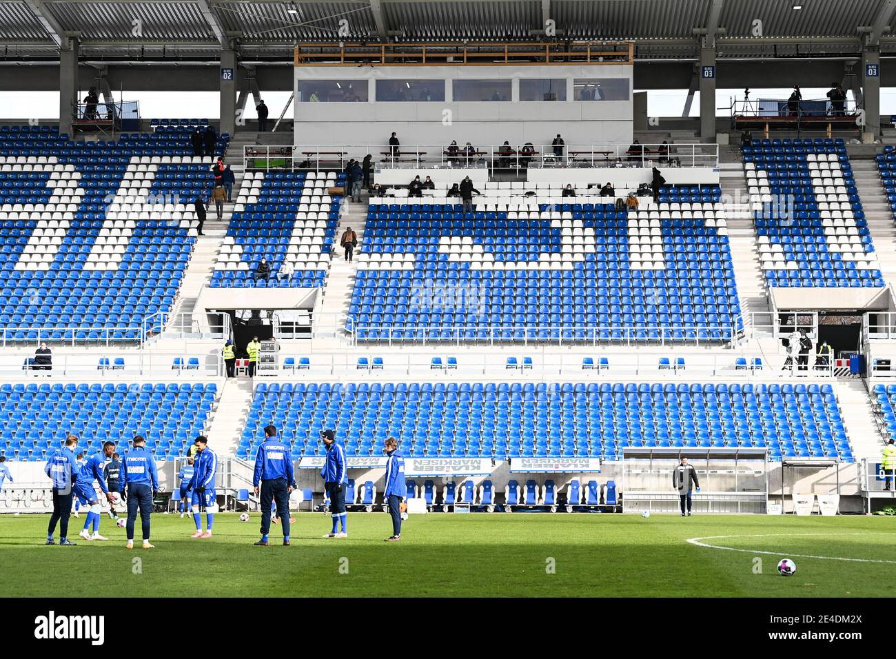 The provisional press stand on the new east stand of the Wildpark Stadium. GES / Football / 2. Bundesliga: Karlsruher SC - FC Heidenheim, 23.01.2021 Football / Soccer: 2nd League: Karlsruher Sport-Club vs FC Heidenheim, Karlsruhe, January 23, 2021 | usage worldwide Stock Photo