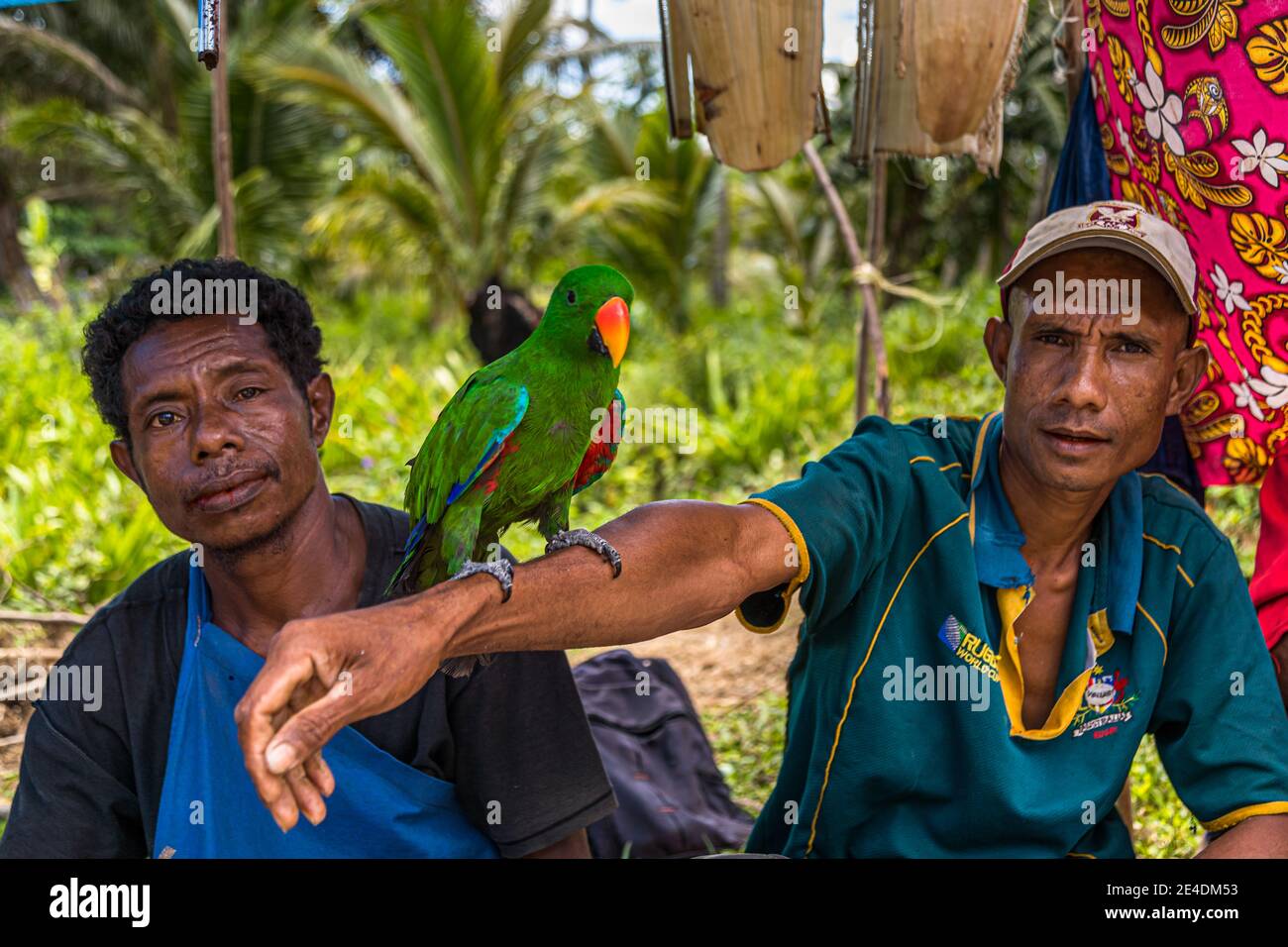 Men with a parrot in Kwebwaga, Papua New Guinea Stock Photo