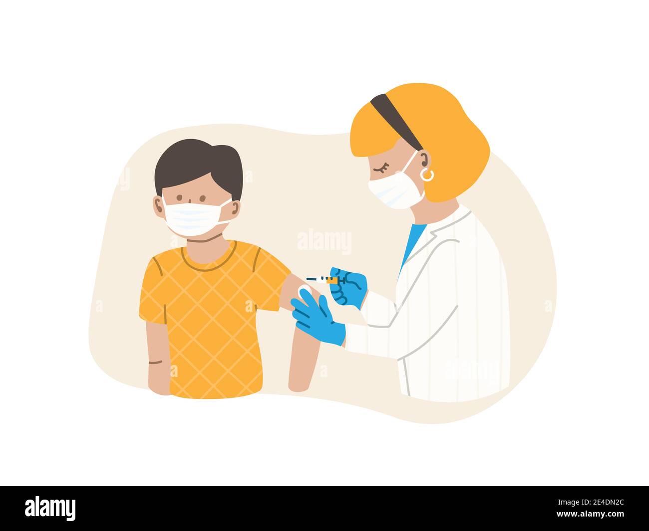 Doctor or nurse injects vaccine. Patient is a child or teenager, boy. Flu vaccination concept. Coronavirus vaccine. Vector flat illustration EPS 10. Stock Vector