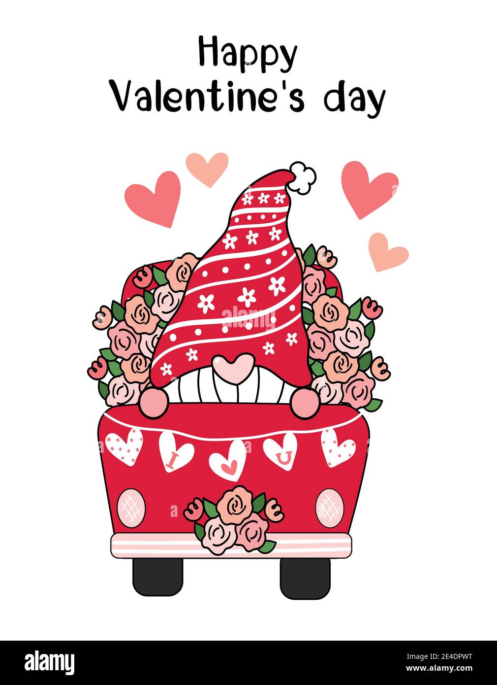 Valentine Gnome in red flower truck with heart I Love You flag, cute cartoon flat vector clip art idea for Valentine card, printable stuff Stock Vector