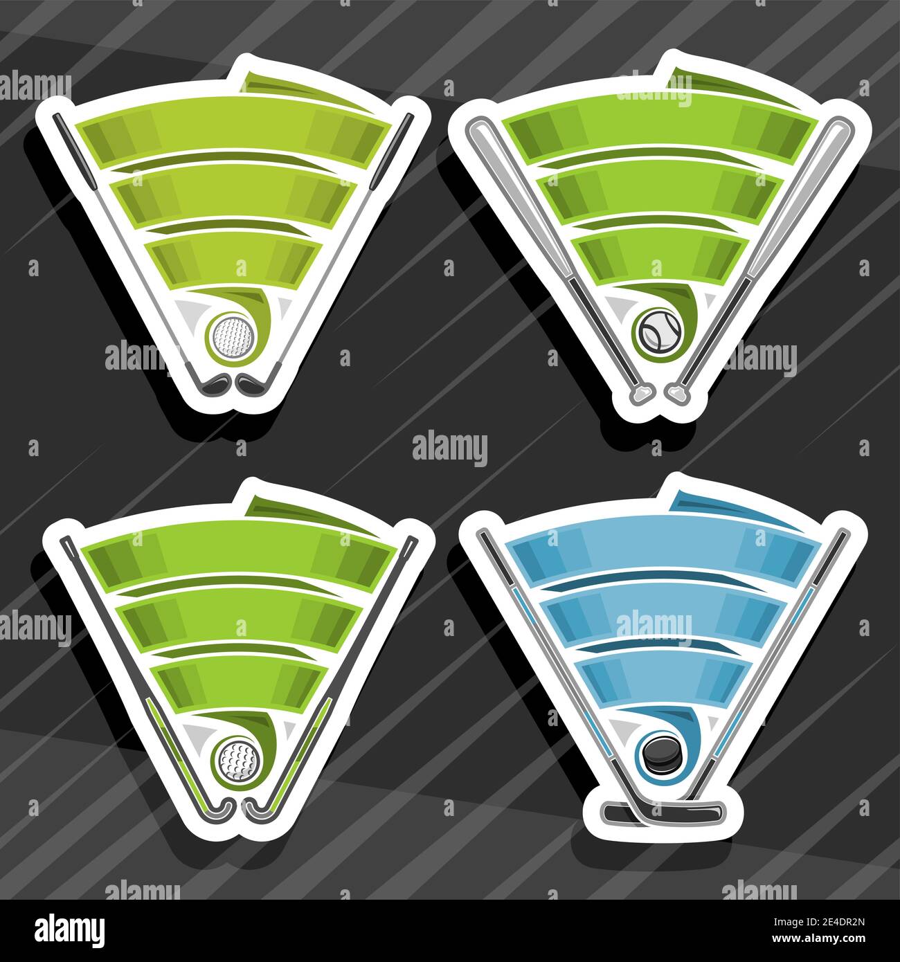 Vector set of Sports Logos with copy space for text, 4 isolated badges with illustrations of sport balls and sticks, green and blue decorative ribbons Stock Vector