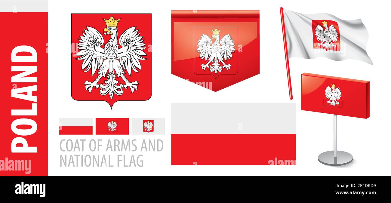 Vector set of the coat of arms and national flag of Poland Stock Vector