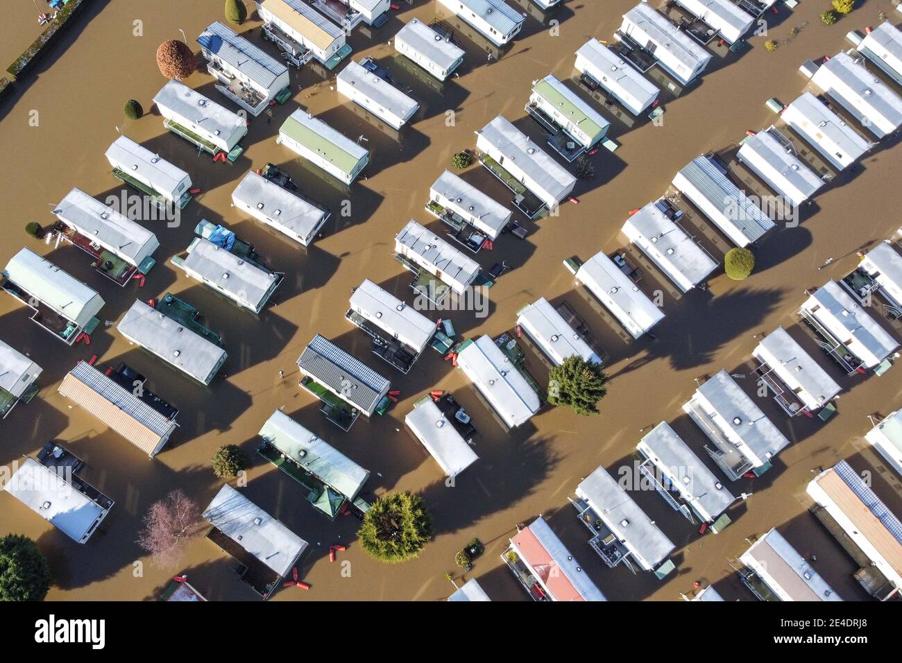 Stourport on Severn, UK. 23rd Jan, 2021. Flooding hit parts of Stourport on Severn today as the River Severn burst its banks from continued rain brought by Storm Christoph. The Treasure Island fairground was swamped in the flooding as was Redstone Riverside Caravan Park. Pic by Credit: Sam Holiday/Alamy Live News Stock Photo