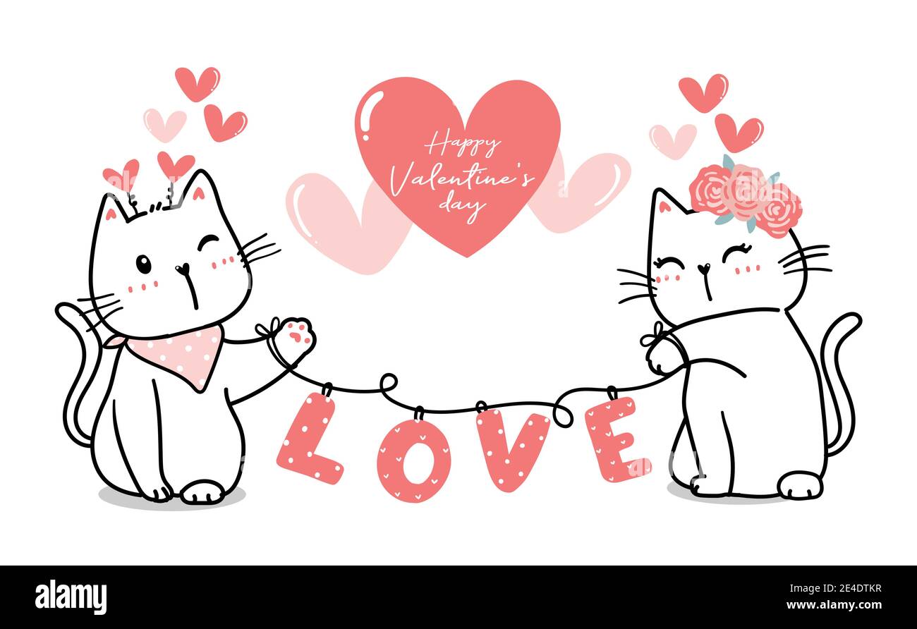 Cute Valentine cat couple with heart love, Happy Valentine's day, cute cat  cartoon outline pink heart vector for banner, printable stuff, greeting car  Stock Vector Image & Art - Alamy