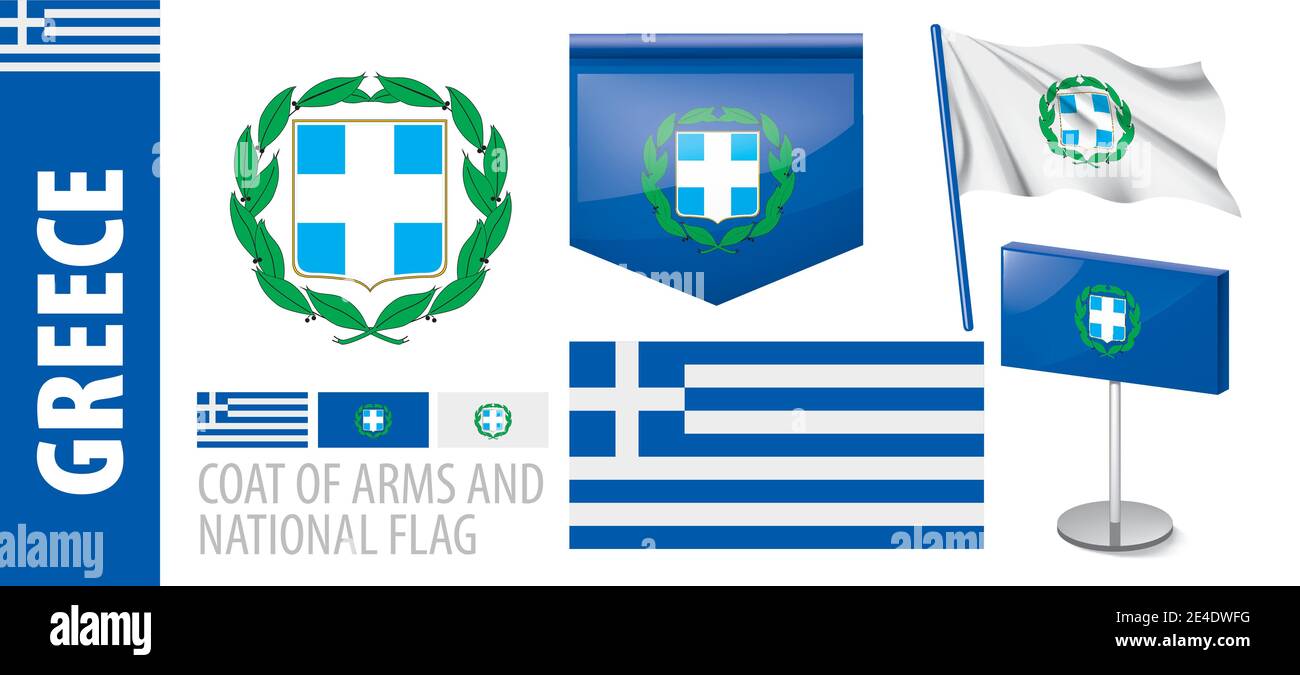 Vector set of the coat of arms and national flag of Greece Stock Vector