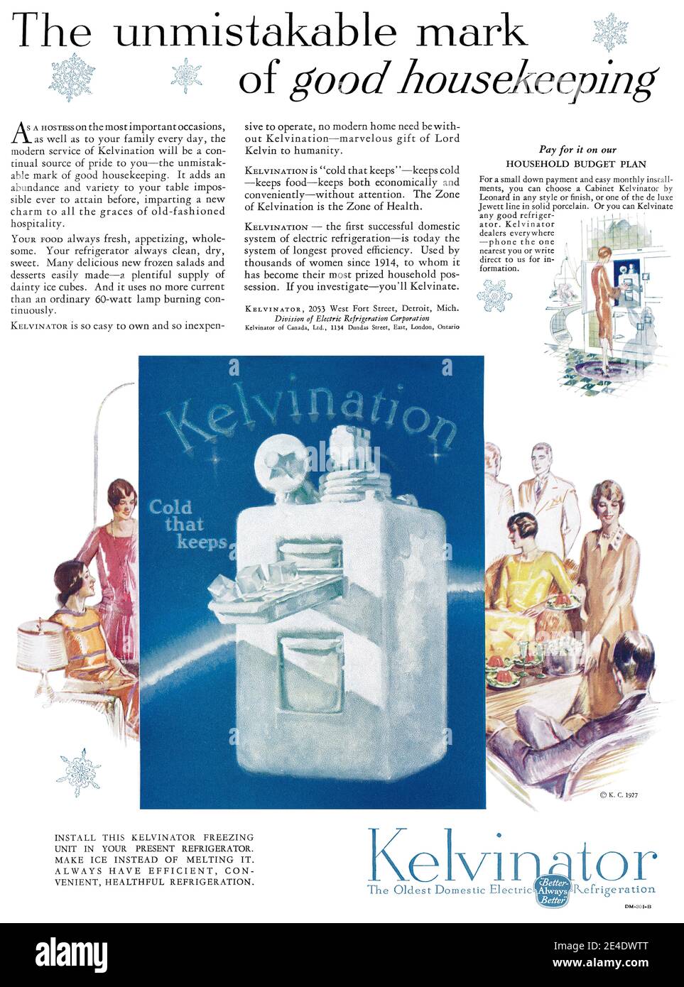 1927 U.S. advertisement for Kelvinator refrigerators. Stock Photo