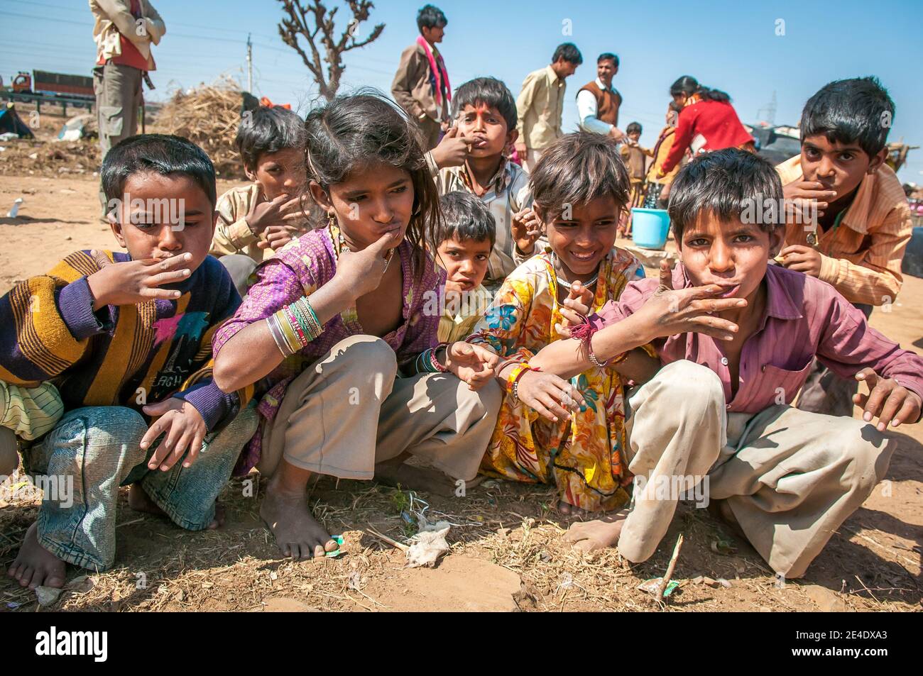 Rajasthan. India. 07-02-2018. Group of children brushing their teeth ...