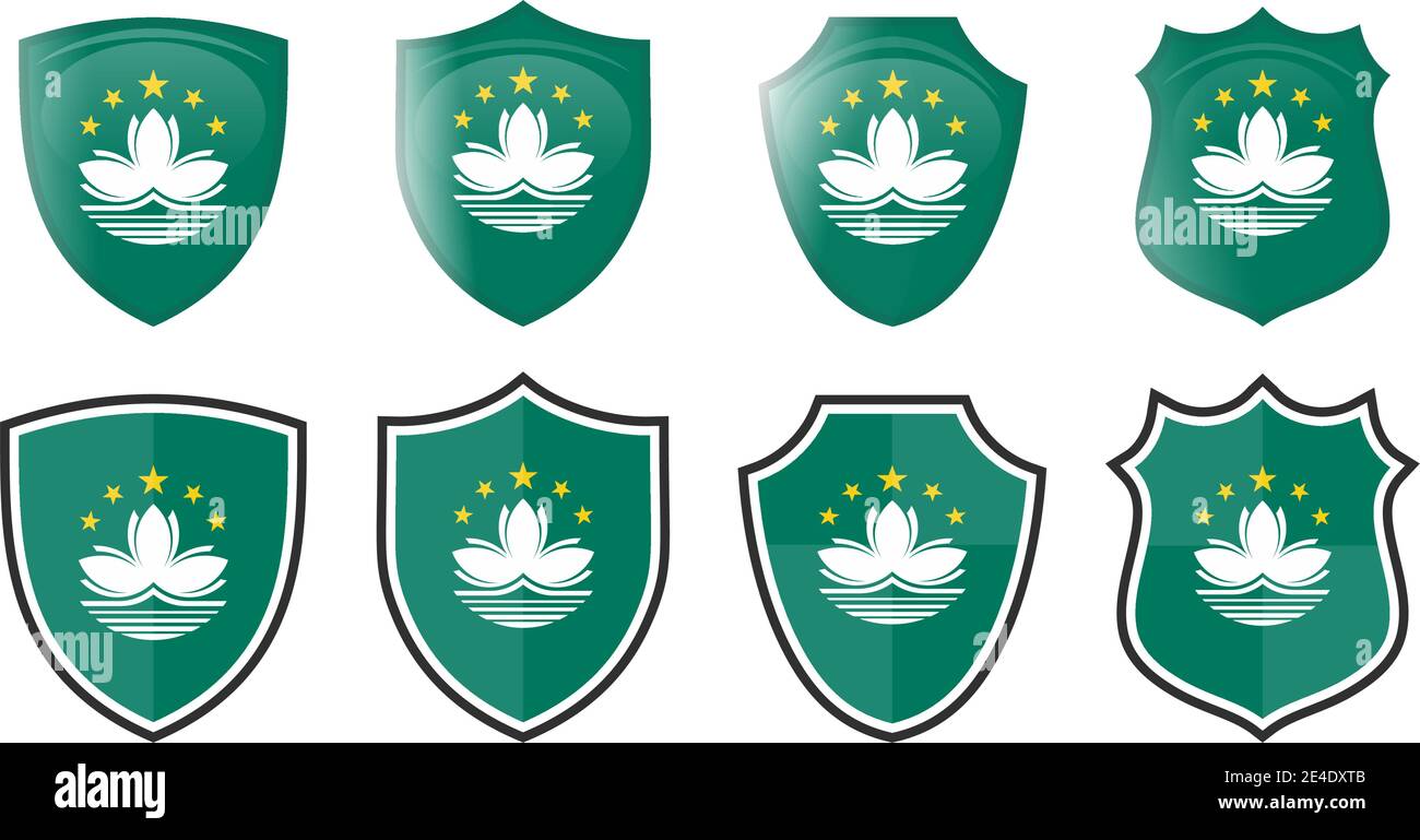 Vertical Macao flag in shield shape, four 3d and simple versions. Macau ...