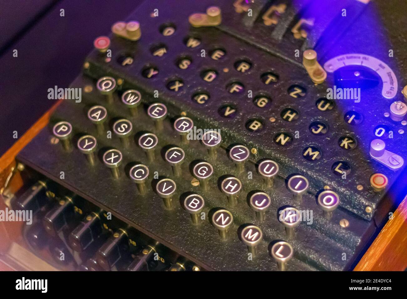 Military enigma machine on display at Science Museum in London Stock Photo