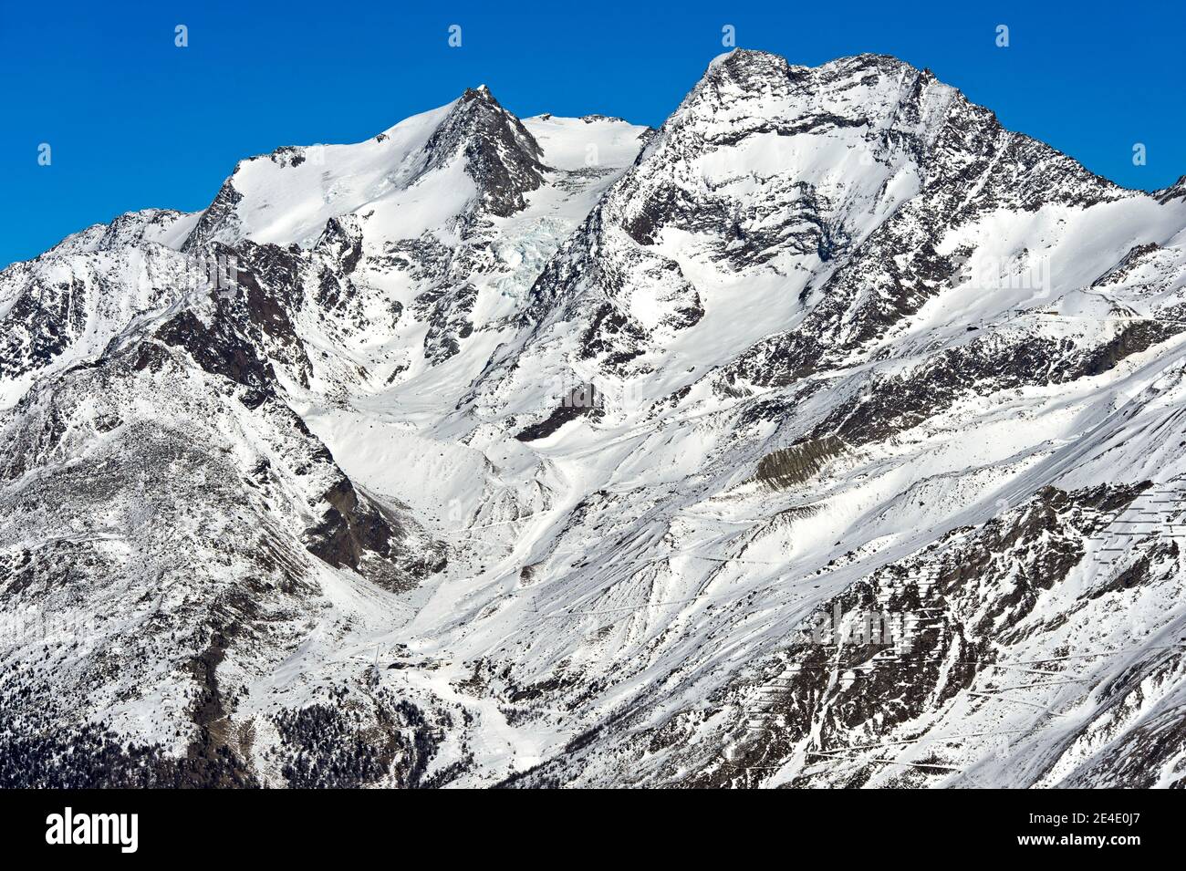 Peaks Fletschhorn and Lagginhorn, Saas-Fee, Valais, Switzerland Stock Photo