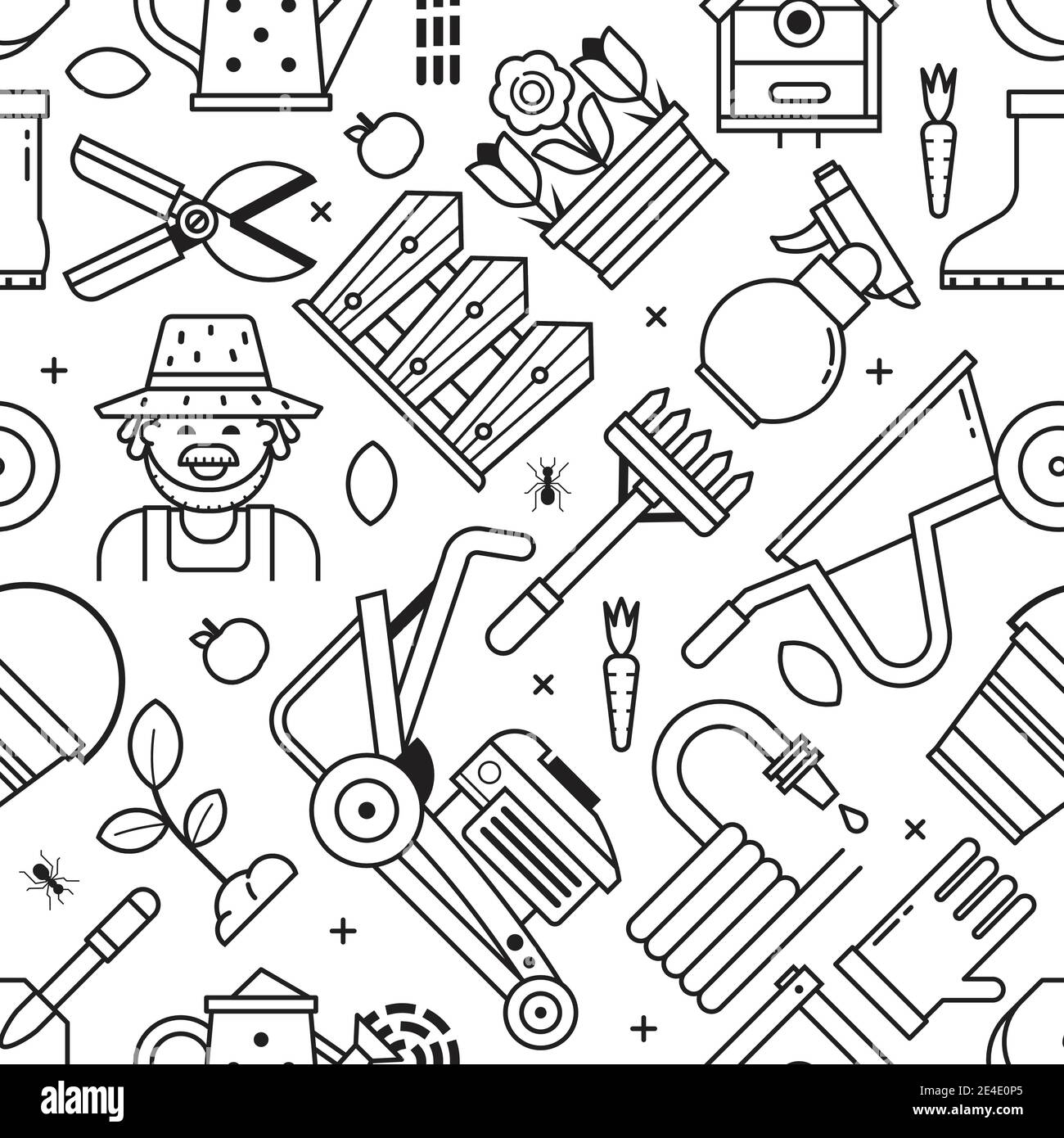 Spring Gardening Seamless Pattern in Line Art Stock Vector