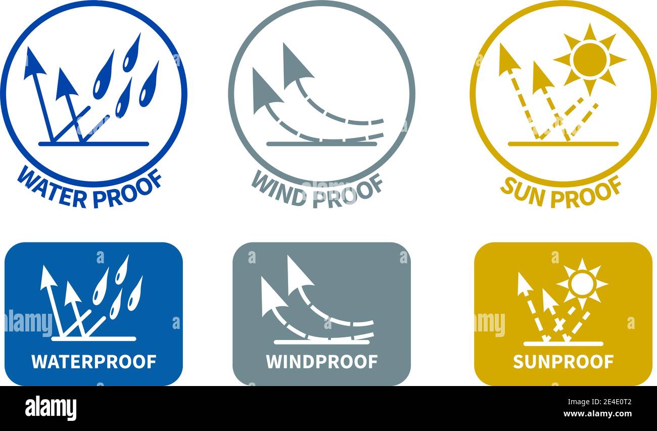 Set of weather resistance icons. Water wind and sun proof signs in circle and rounded square, can be used on textiles Stock Vector