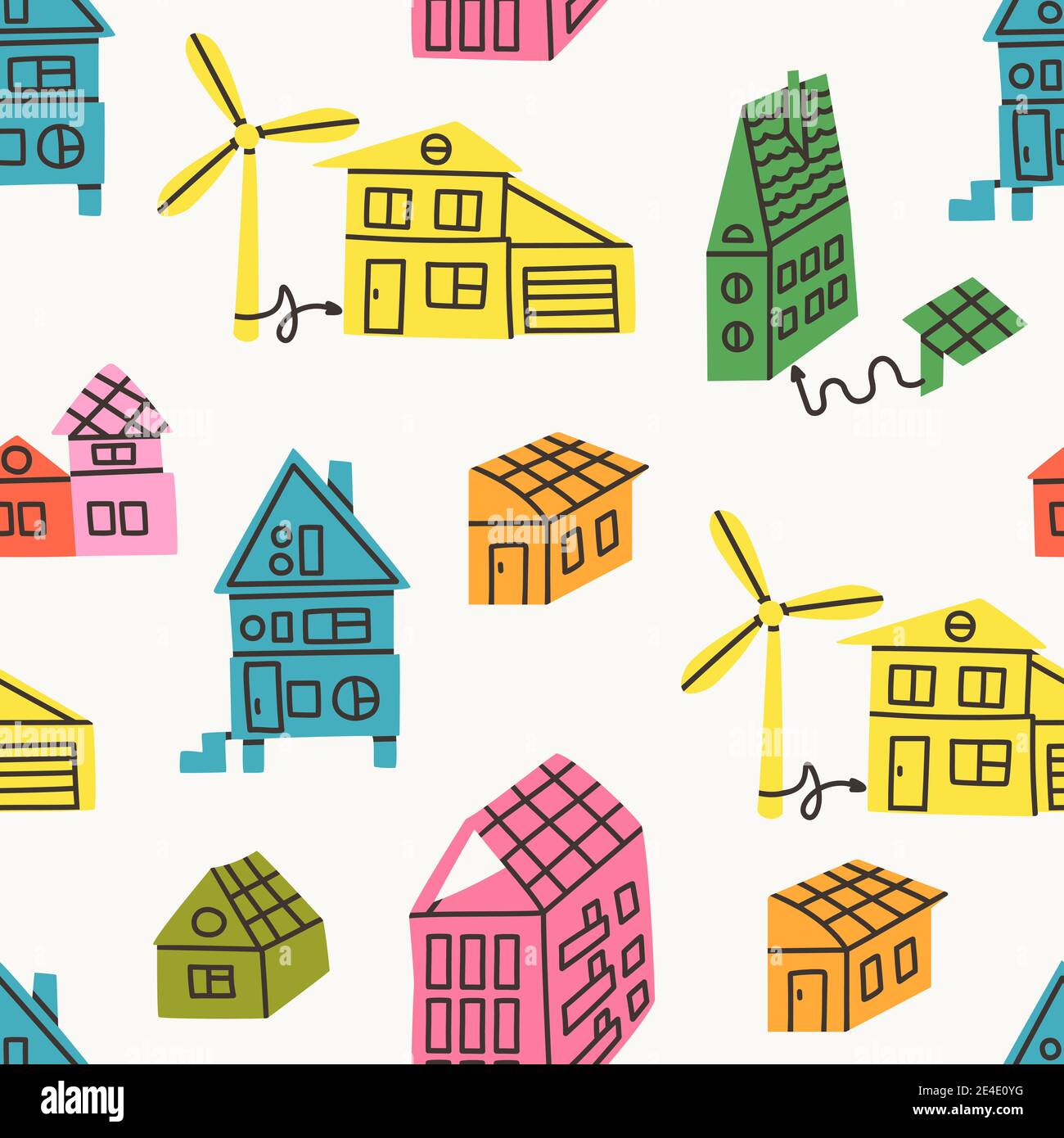 Vector seamless pattern in flat doodle style. Eco-houses. Buildings with solar panels on the roof and whirligig. Ecological electricity. EPS 10. Stock Vector