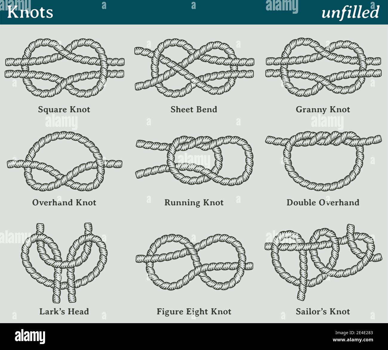 Set of nine different knots with the interior without coloring. Stock Vector