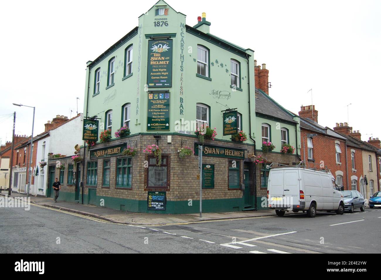 Swan and Helmet Public house Northampton Clare Street corner van white sign signs outside food