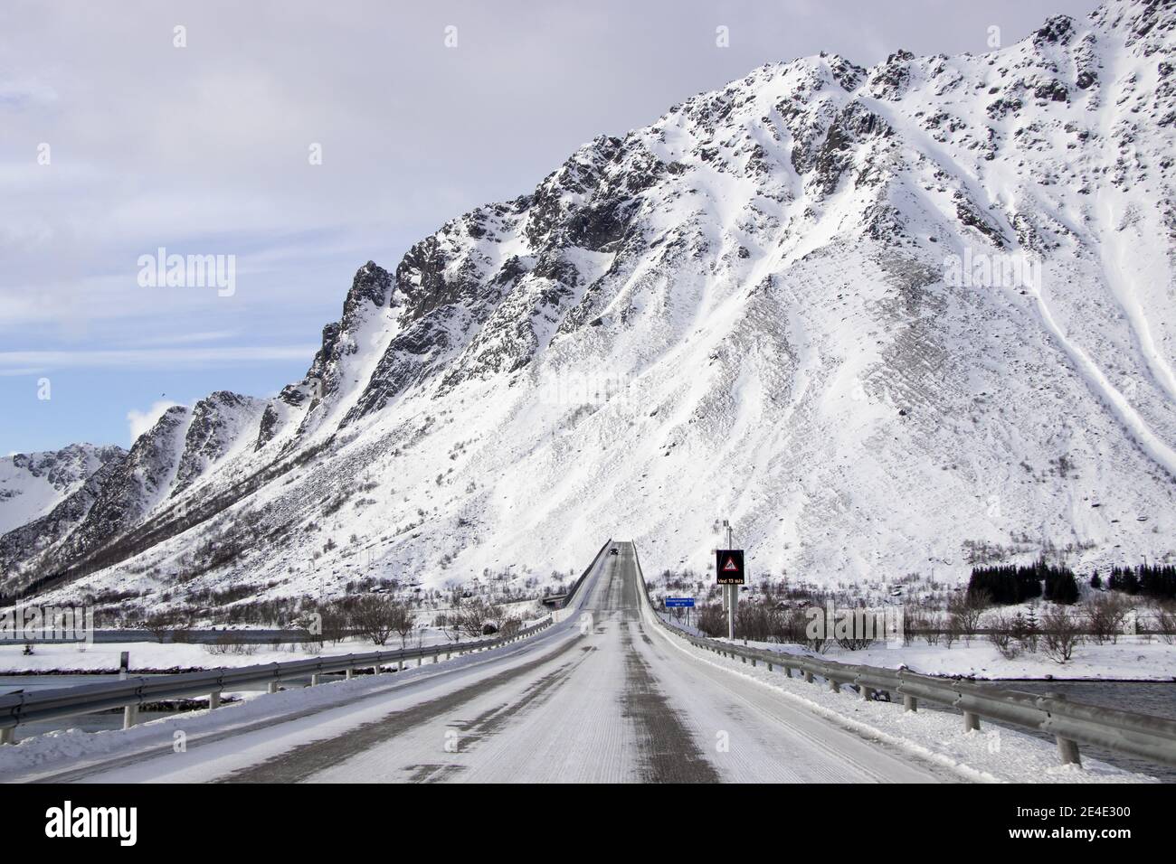 Dangerous icy road of the Lofoten islands Stock Photo