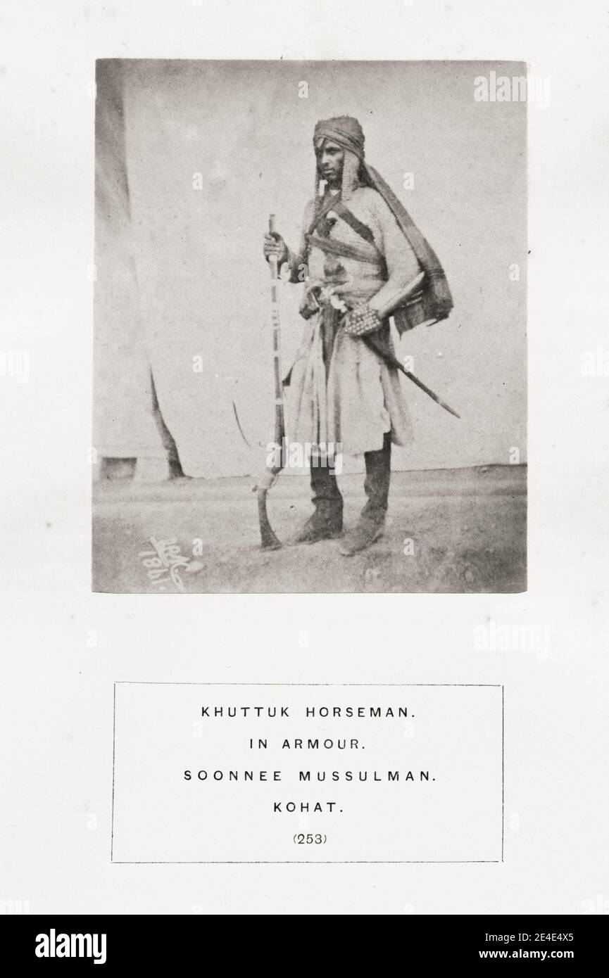 Vintage 19th century photograph: The People of India: A Series of Photographic Illustrations, with Descriptive Letterpress, of the Races and Tribes of Hindustan - published in the 1860s under order of the Viceroy, Lord Canning - Khuttuk horseman in armour, Soonee Mussulman, Kohat. Stock Photo