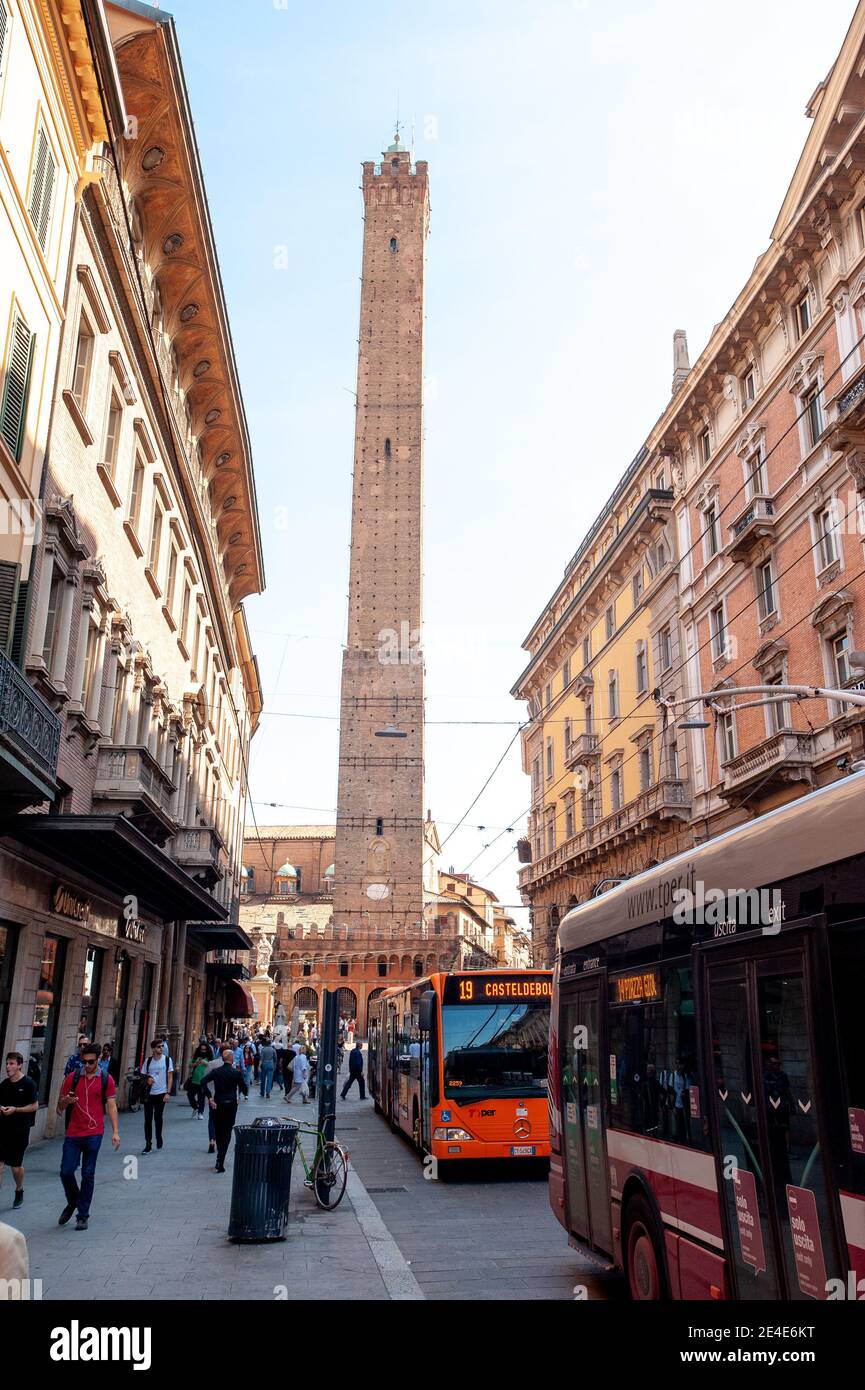 BOLOGNA, ITALY SEPTEMBER 30, 2019 view of Torre Garisenda and Torre