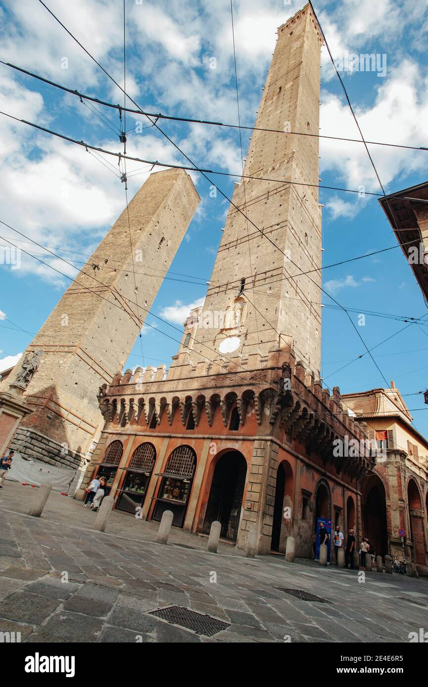 BOLOGNA, ITALY SEPTEMBER 30, 2019 view of Torre Garisenda and Torre