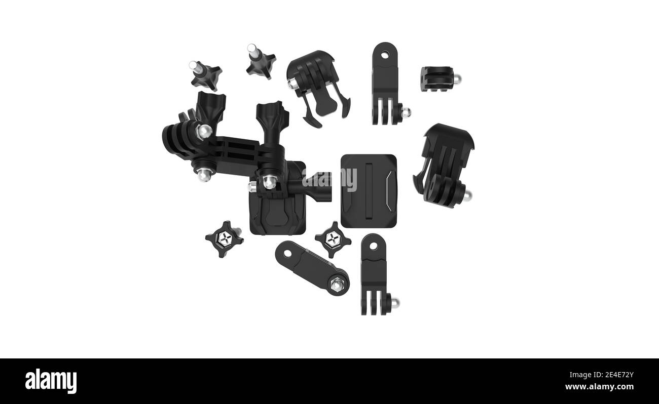 Action camera mount accessories fitting kit plastic mounts for modern action cameras Stock Photo