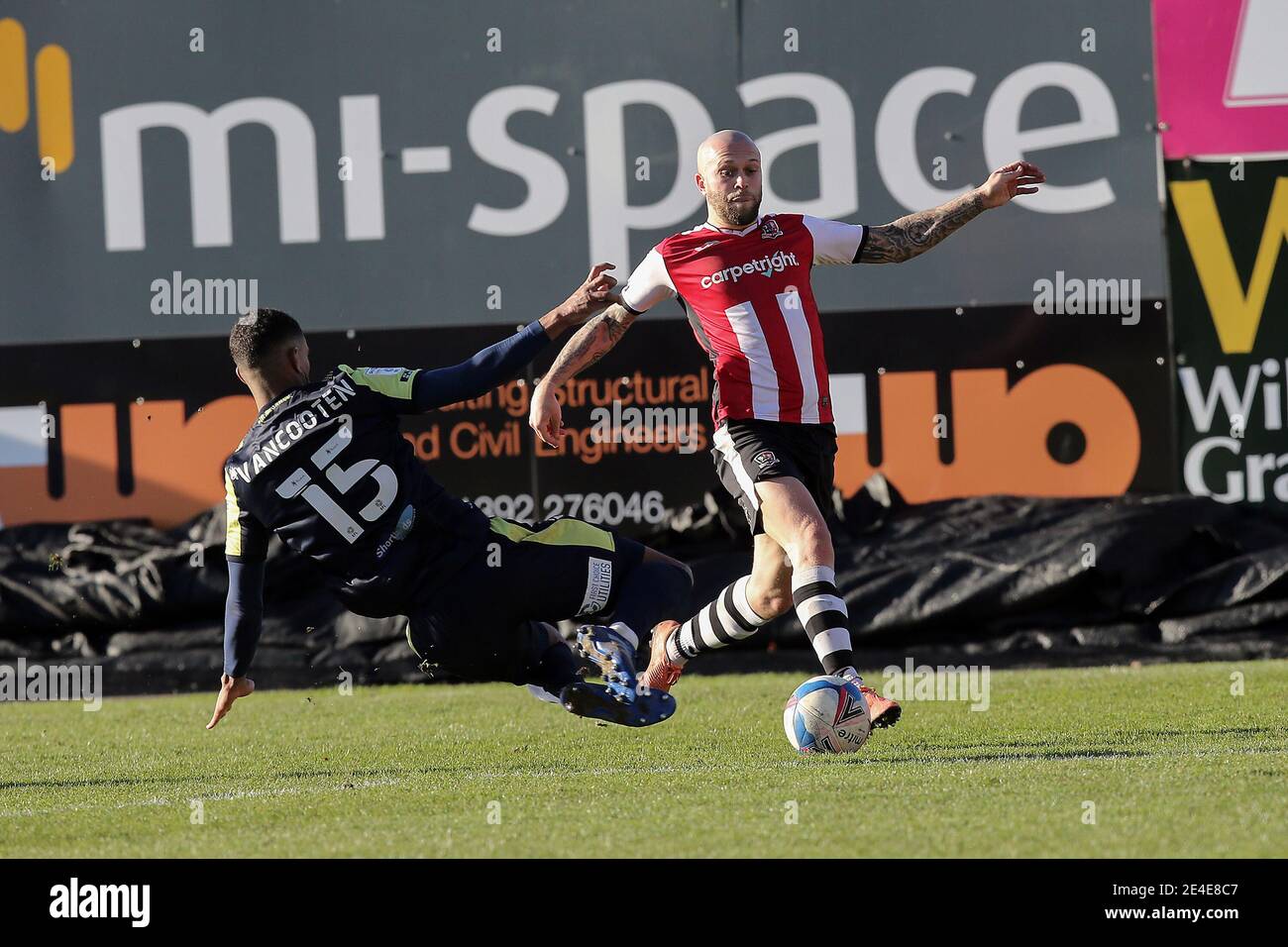 Exeter, UK. 23rd Jan, 2021. Nicky Law of Exeter City and Terence Vancooten of Stevenage during the Sky Bet League 2 behind closed doors match between Exeter City and Stevenage at St James' Park, Exeter, England on 23 January 2021. Photo by Dave Peters/PRiME Media Images. Credit: PRiME Media Images/Alamy Live News Stock Photo