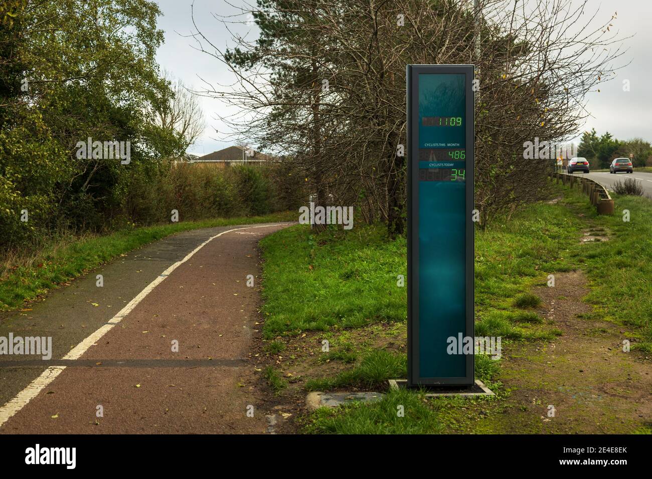 Electronic bike cyclist counter near motorway in england uk Stock Photo