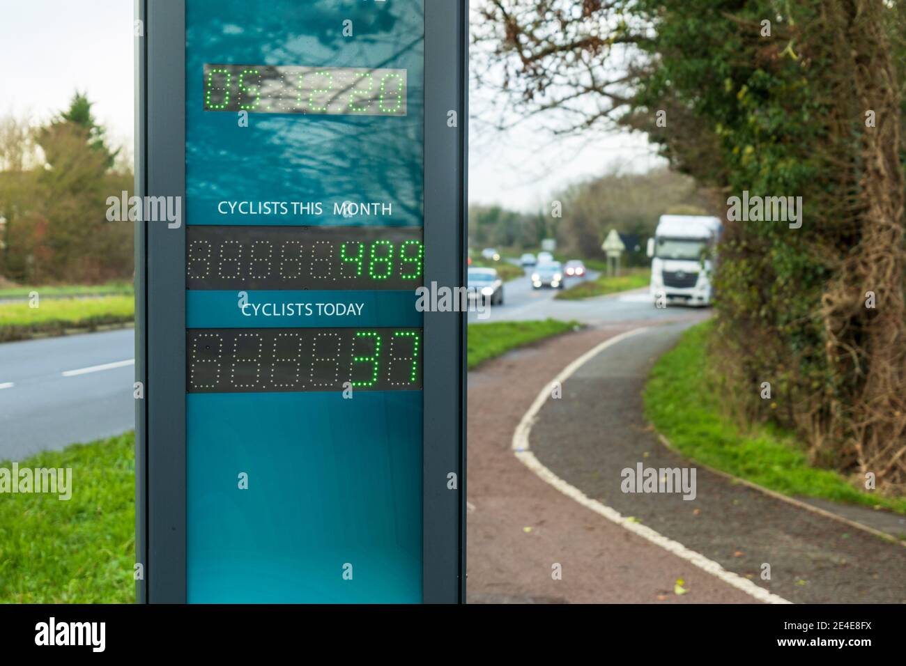 Electronic bike cyclist counter near motorway in england uk Stock Photo