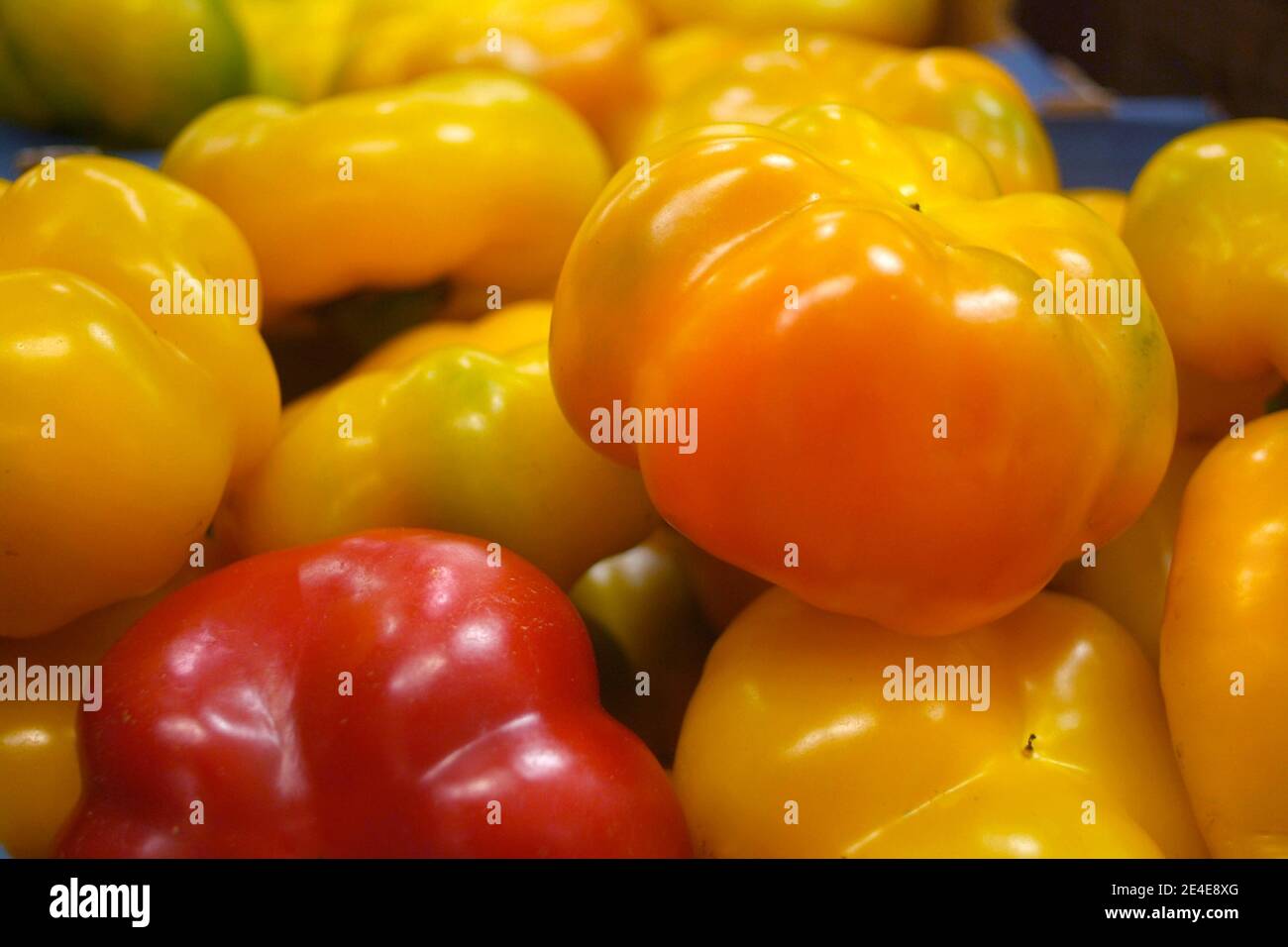 Food products, pattern of red and yellow pepper in a market stall Stock ...
