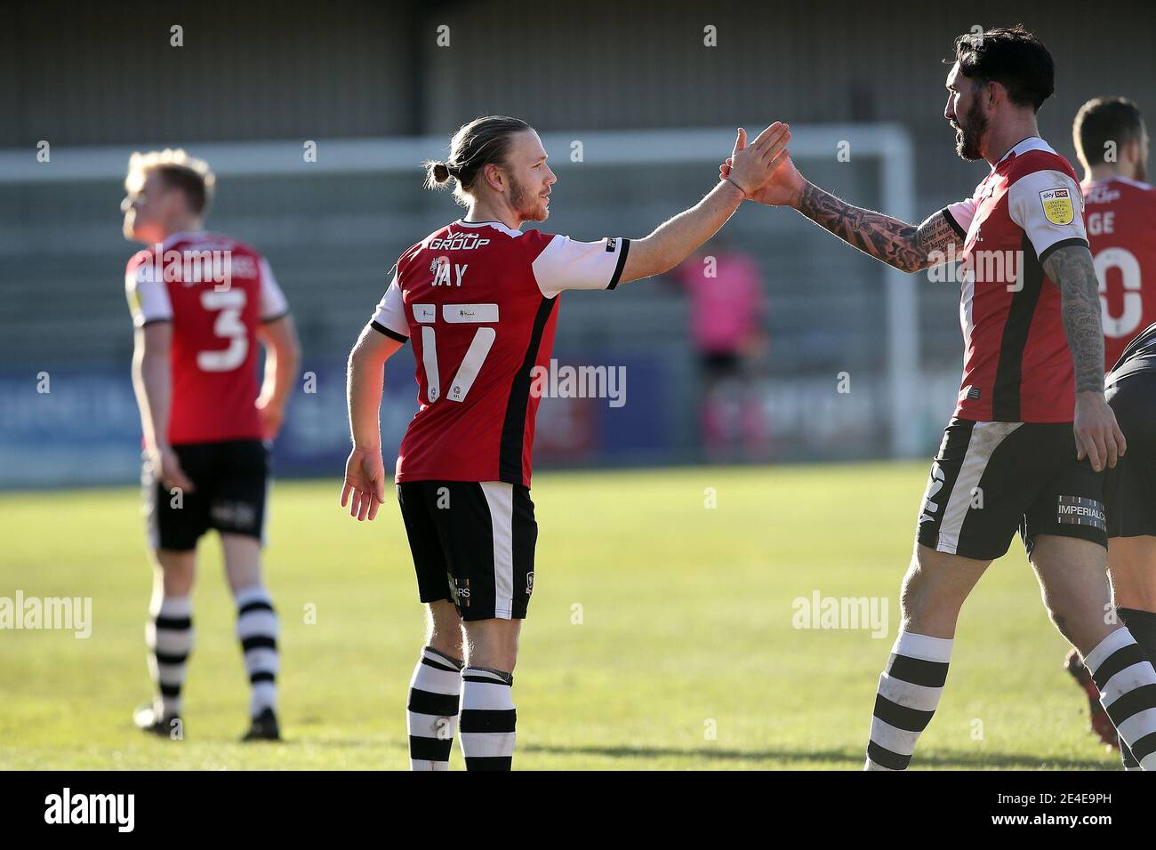 Exeter, UK. 23rd Jan, 2021. Scorers Matt Jay of Exeter City and Ryan Bowman of Exeter City celebrate during the Sky Bet League 2 behind closed doors match between Exeter City and Stevenage at St James' Park, Exeter, England on 23 January 2021. Photo by Dave Peters/PRiME Media Images. Credit: PRiME Media Images/Alamy Live News Stock Photo
