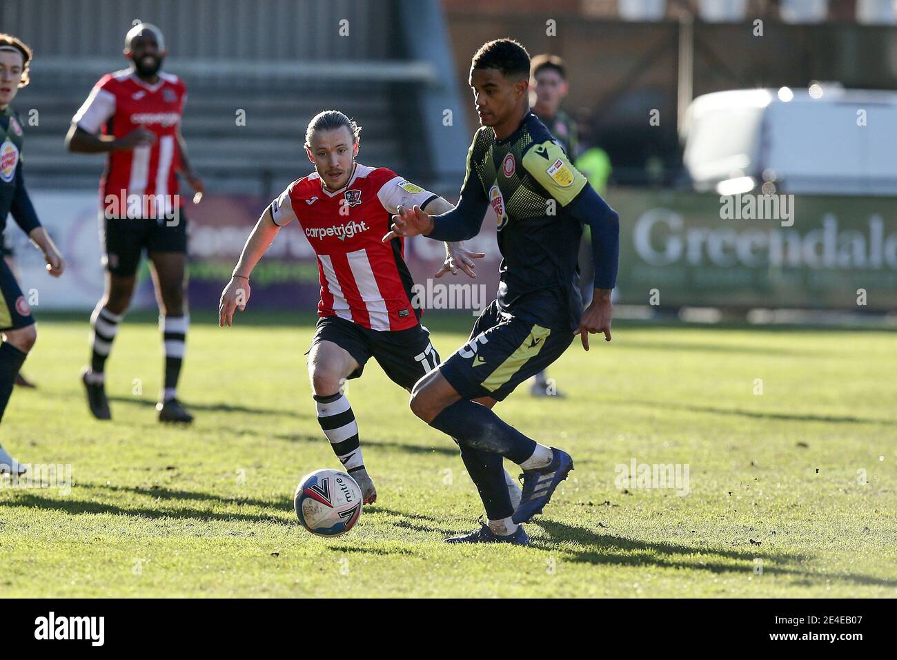 Exeter, UK. 23rd Jan, 2021. Terence Vancooten of Stevenage and Matt Jay of Exeter City during the Sky Bet League 2 behind closed doors match between Exeter City and Stevenage at St James' Park, Exeter, England on 23 January 2021. Photo by Dave Peters/PRiME Media Images. Credit: PRiME Media Images/Alamy Live News Stock Photo