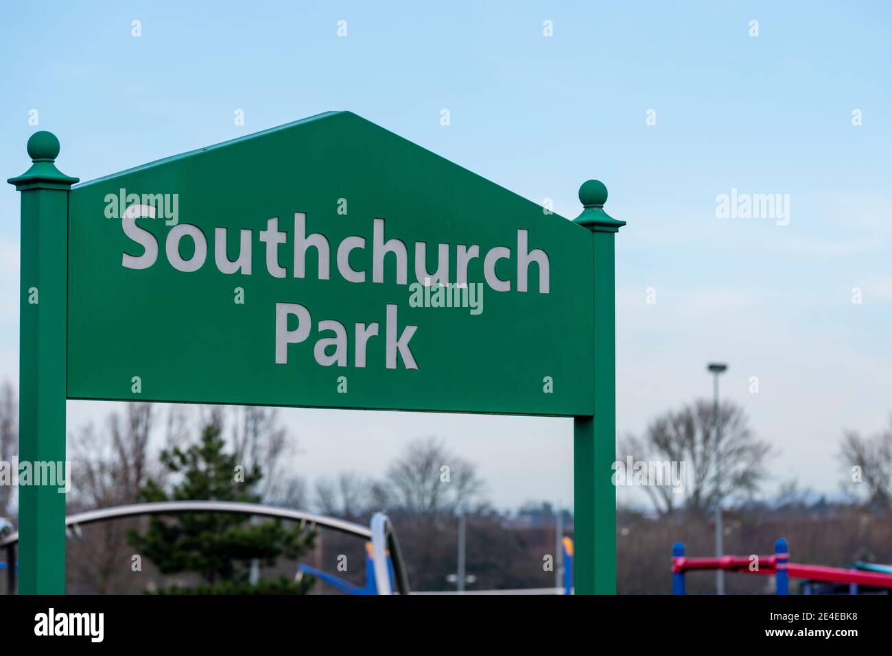 Southchurch Park in Southend on Sea, Essex, UK. Sign. Large park, home of Southend Manor football club, and cricket teams. Play area and facilities Stock Photo